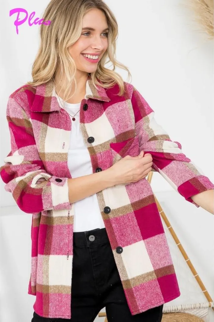 Plus Fuzzy Plaid Button-down Shacket