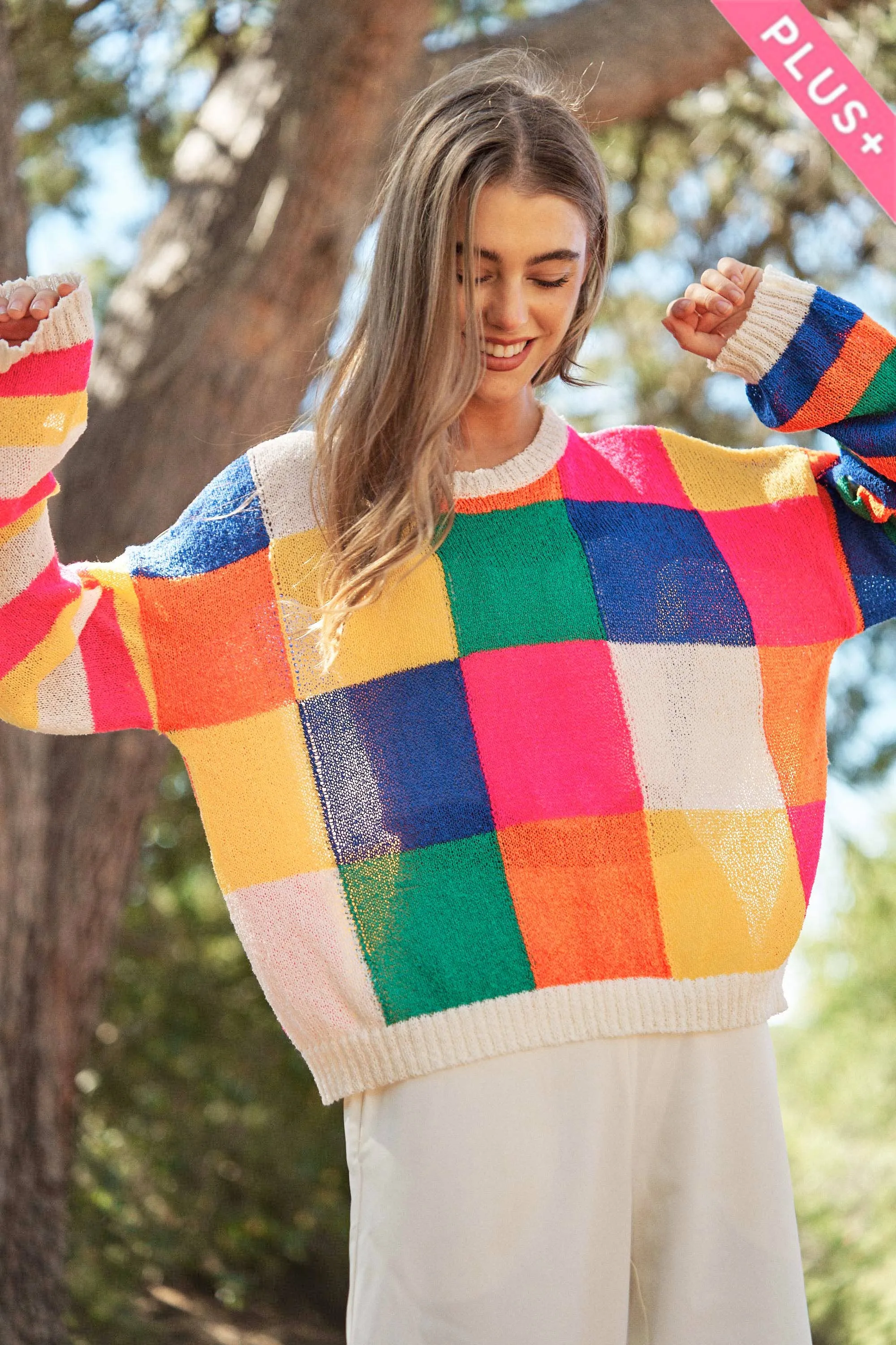 PLUS LIGHT WEIGHT CHECKERBOARD PULLOVER SWEATER: Beige Multi