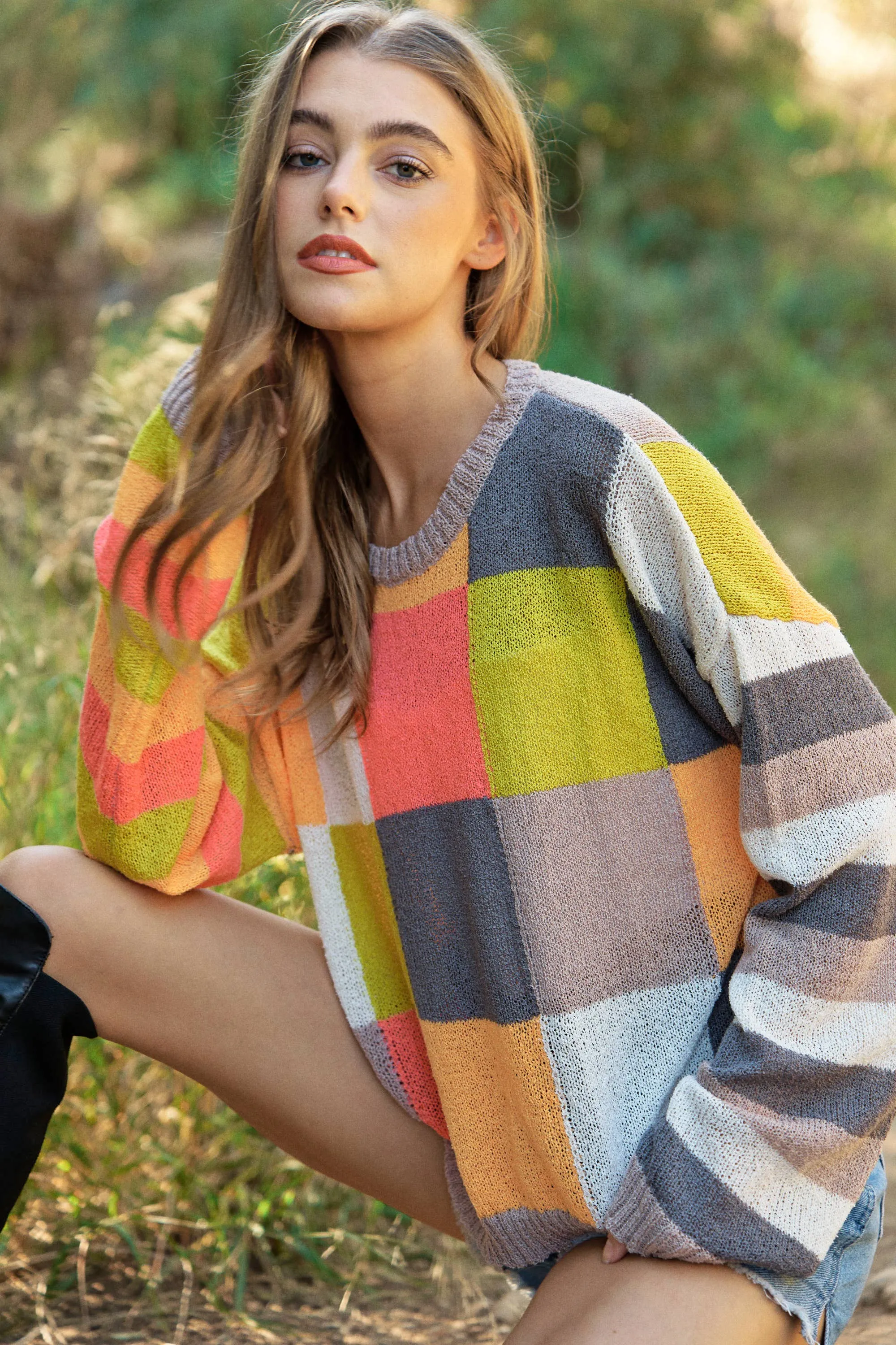 PLUS LIGHT WEIGHT CHECKERBOARD PULLOVER SWEATER: Beige Multi