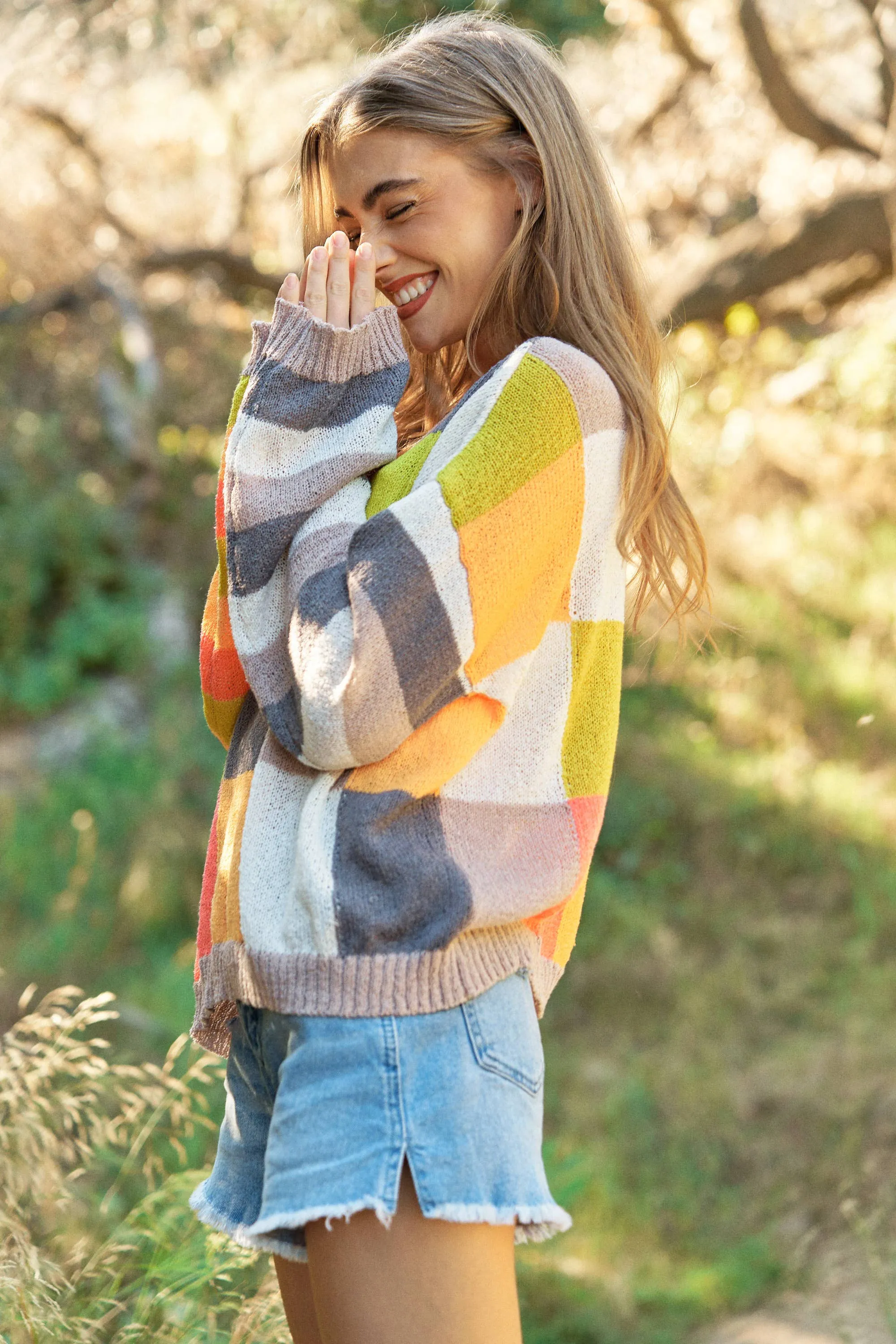 PLUS LIGHT WEIGHT CHECKERBOARD PULLOVER SWEATER: Beige Multi