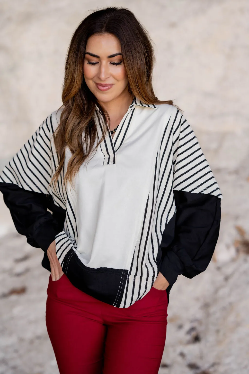 Pop Of Stripes Blocked Sweatshirt