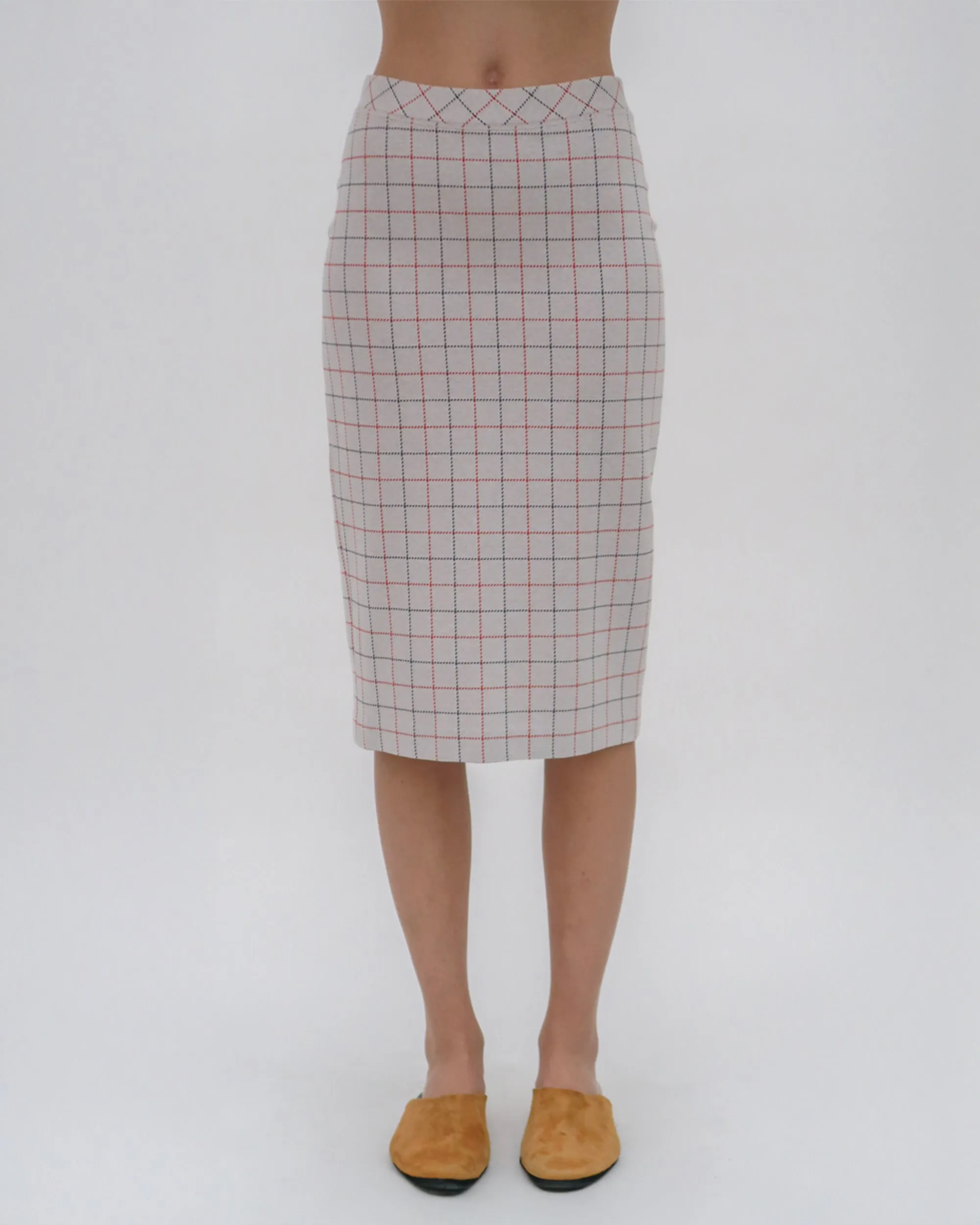 PULL ON PENCIL SKIRT - STRIPED WINDOWPANE