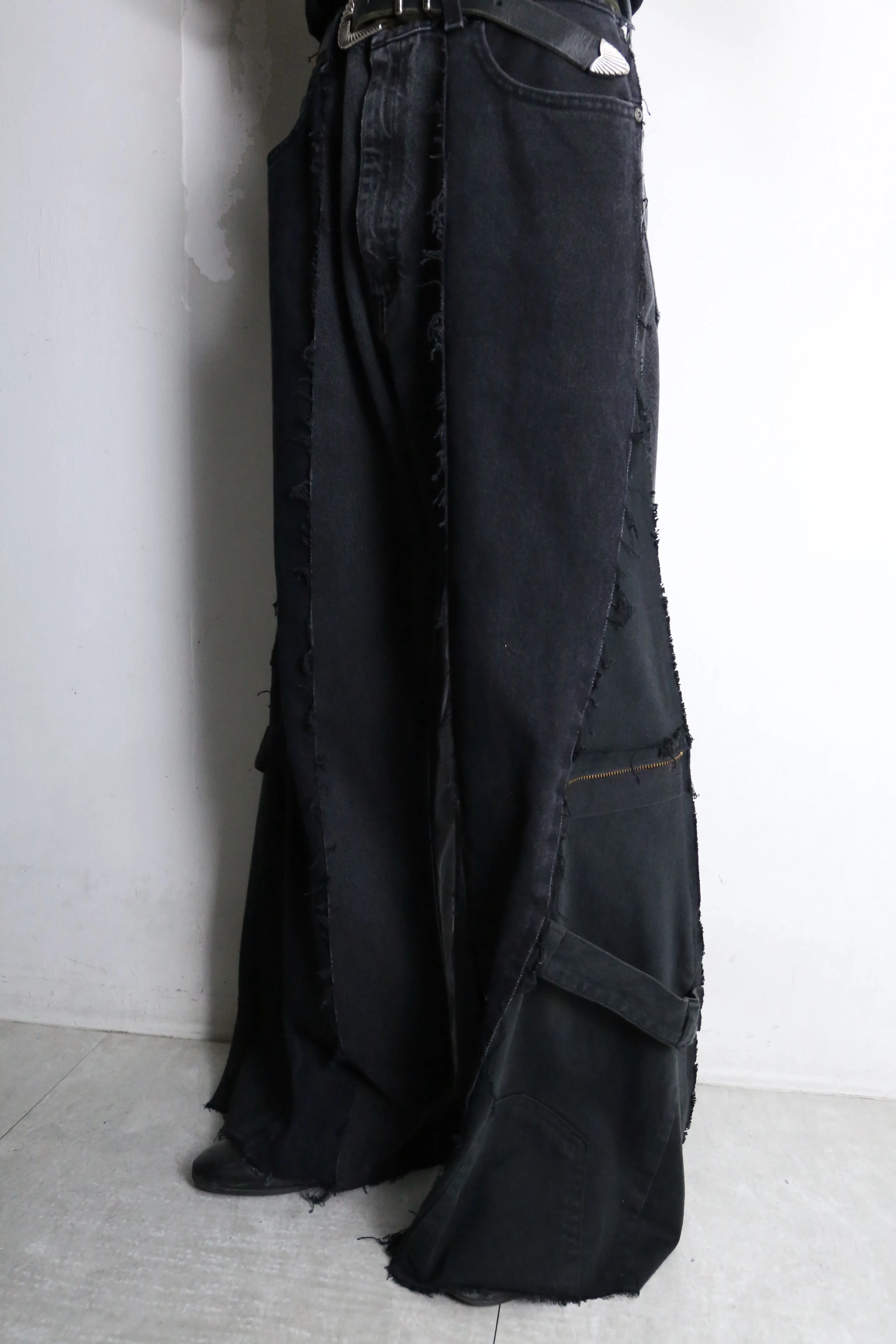 "Re:make" black belt loop design flare denim pants