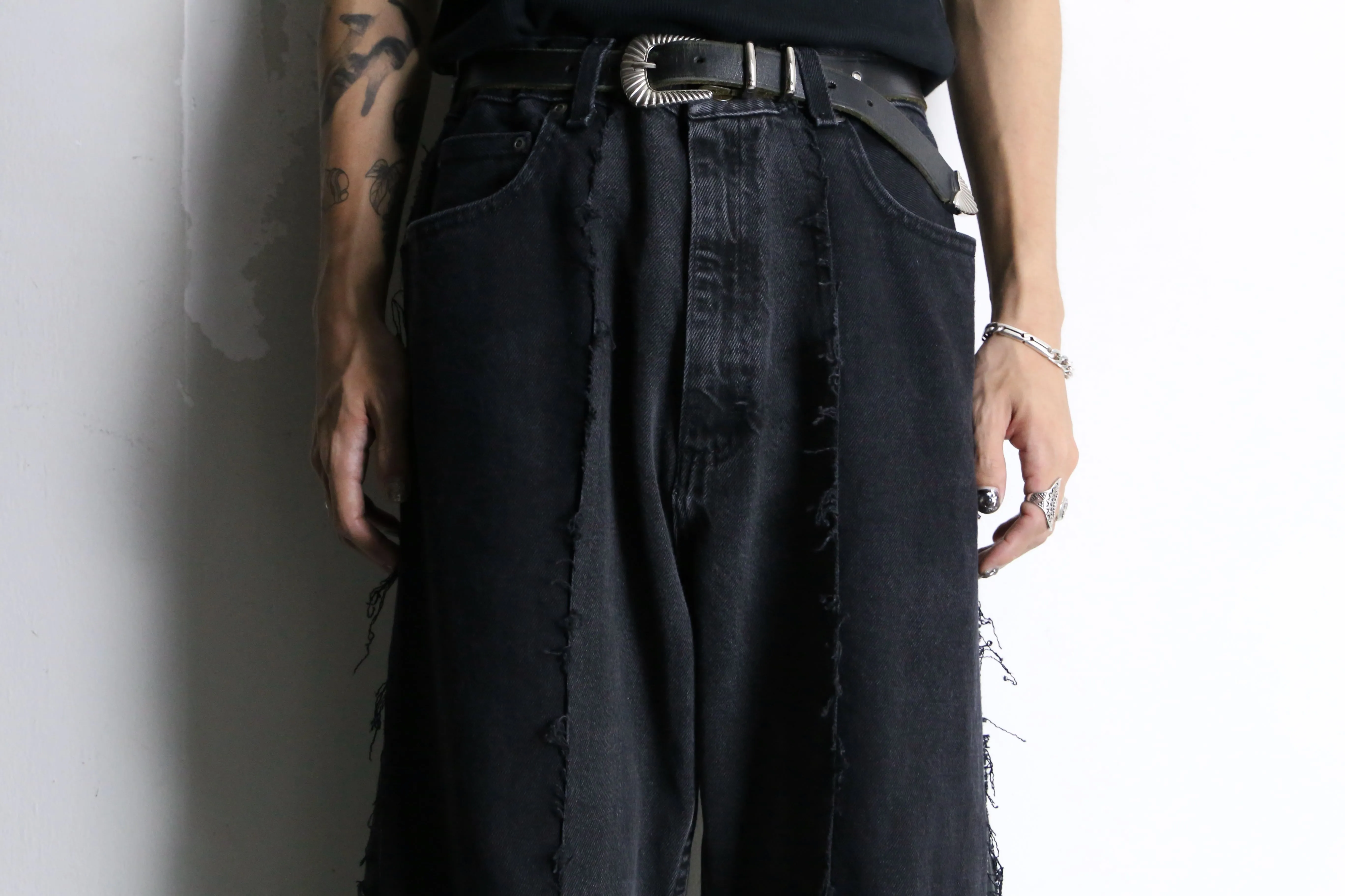 "Re:make" black belt loop design flare denim pants