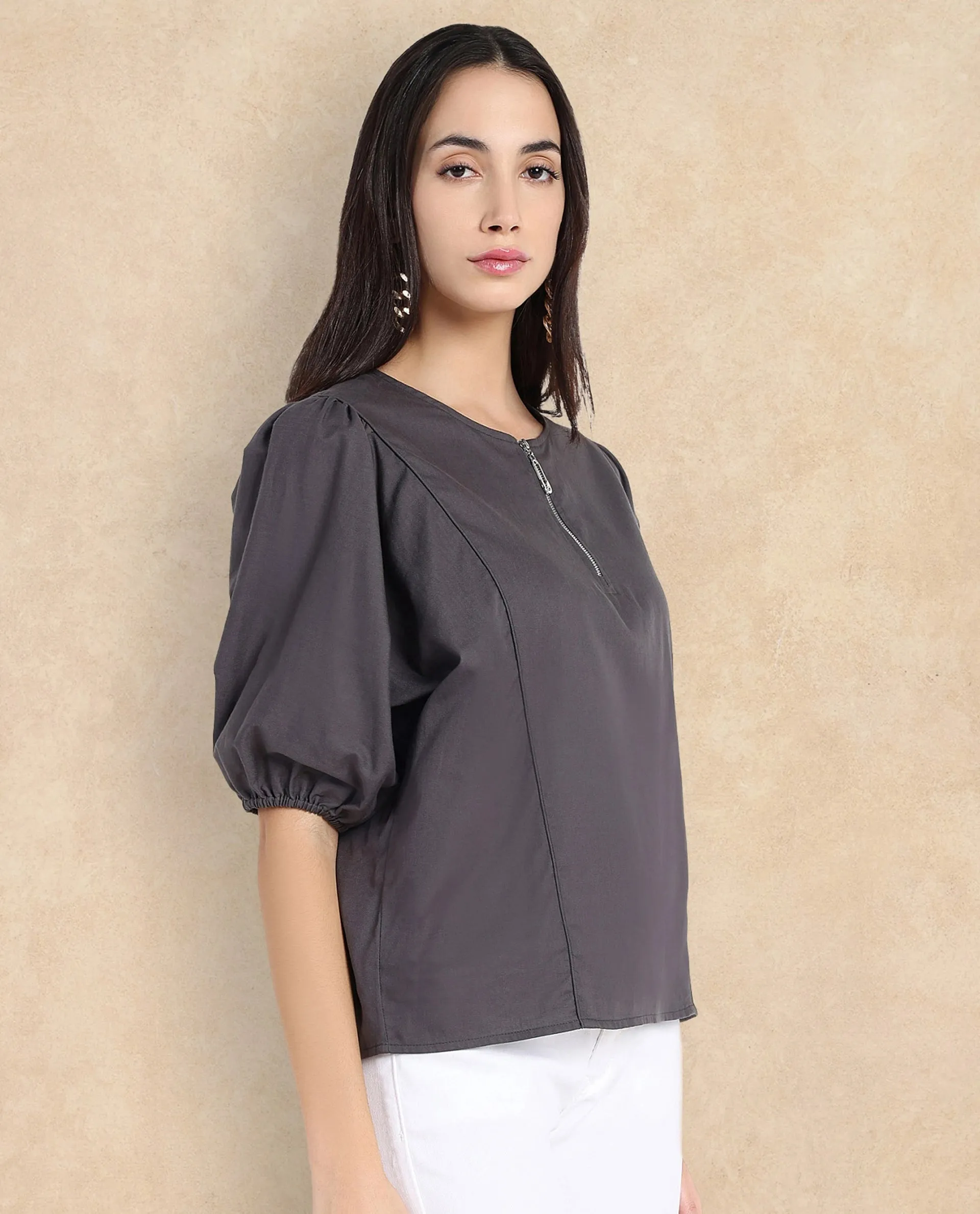 Rareism Women Artemis Grey Plain Top