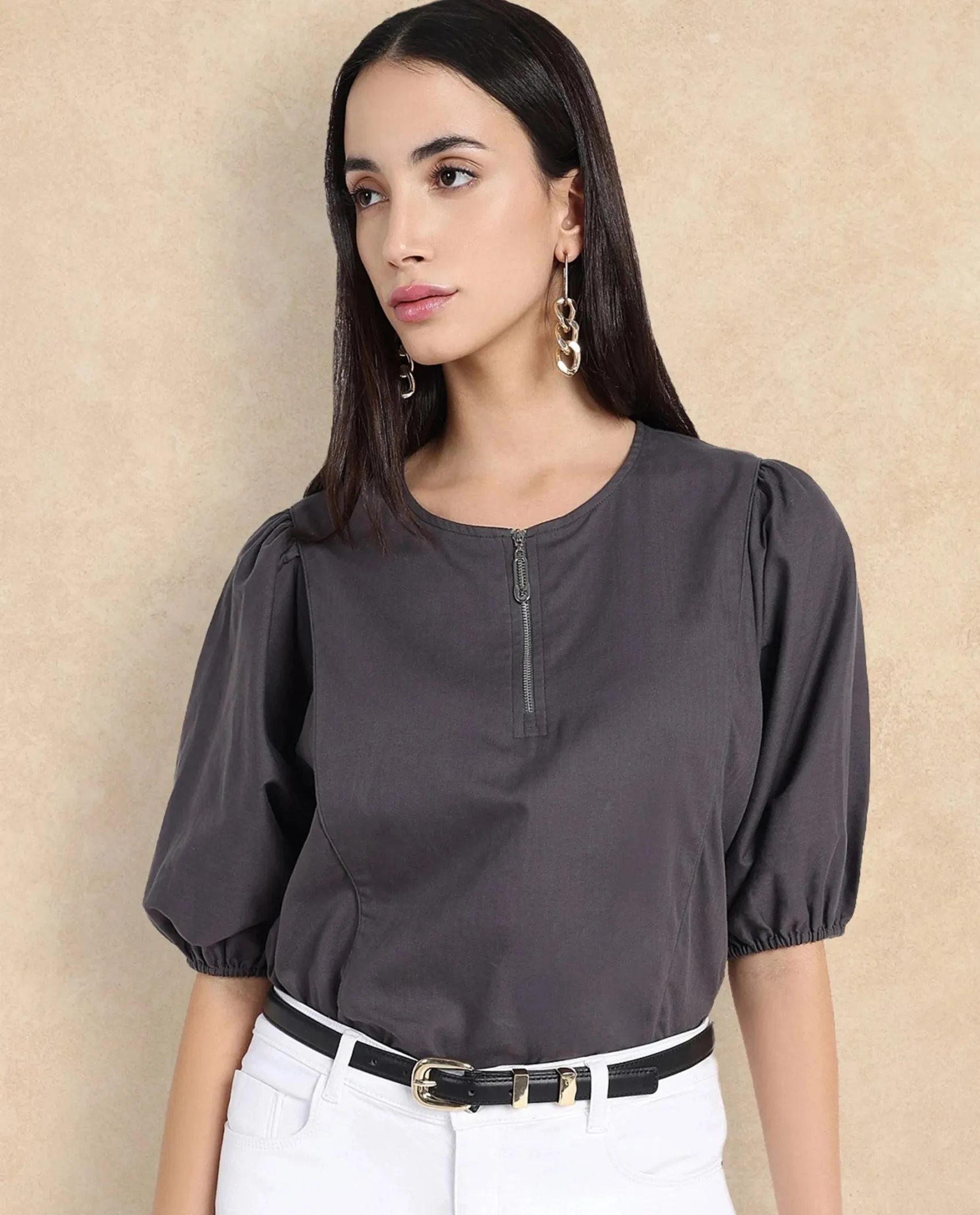 Rareism Women Artemis Grey Plain Top