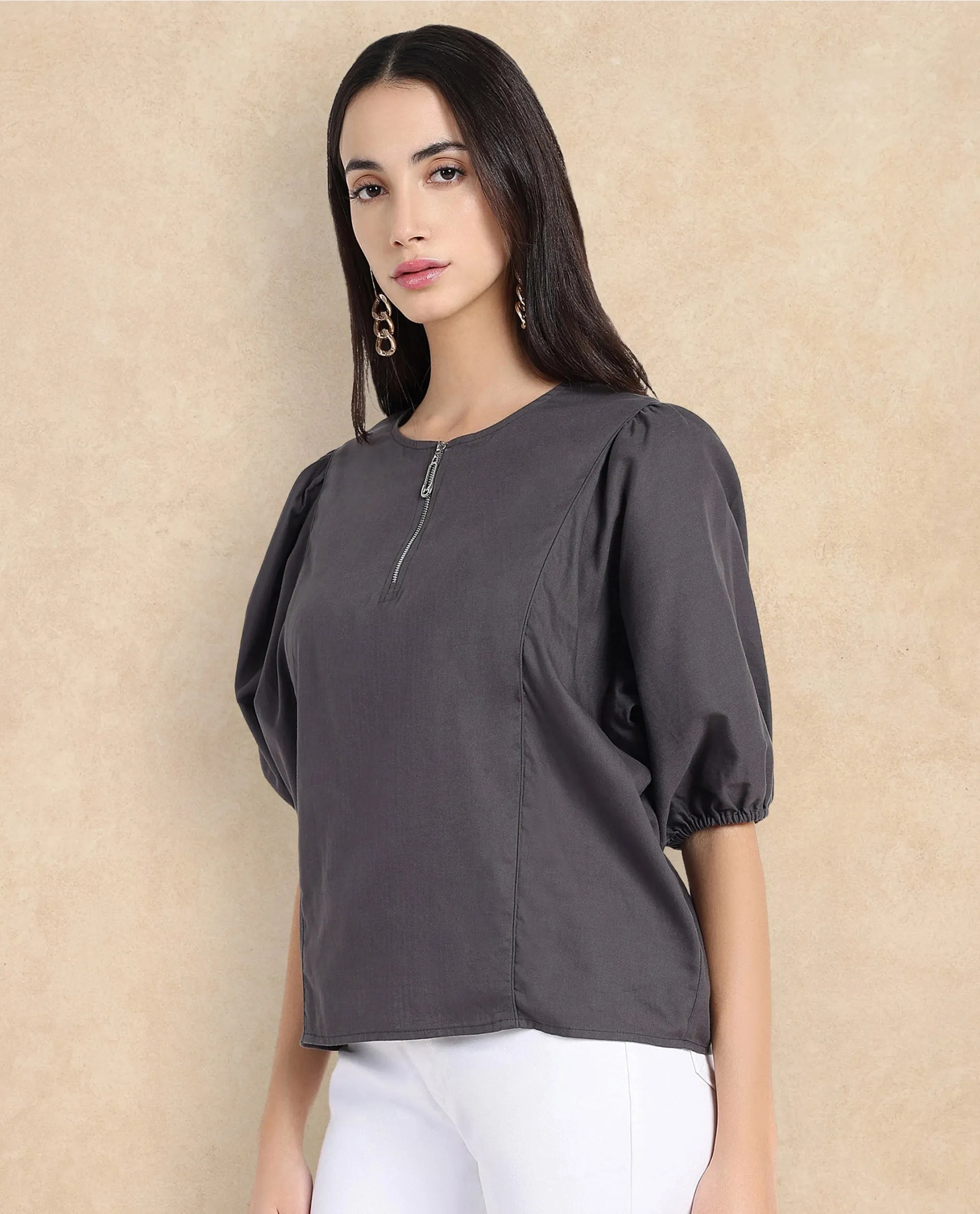 Rareism Women Artemis Grey Plain Top