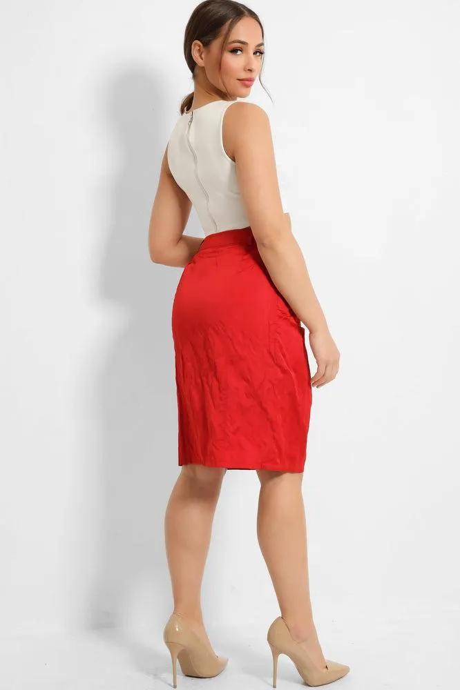 Red Creased Fabric Pencil Skirt