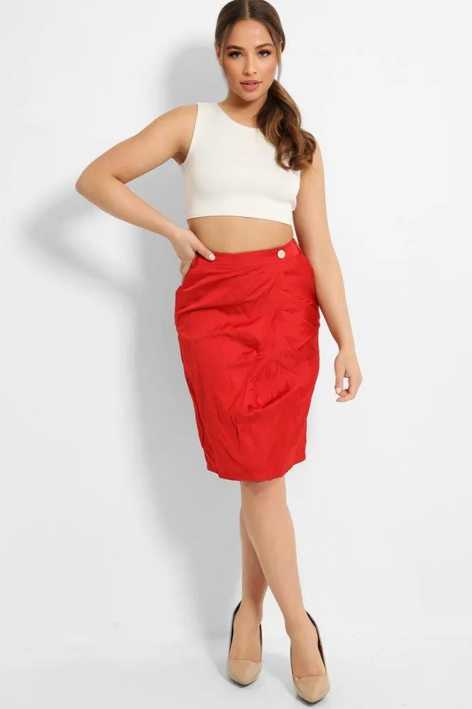 Red Creased Fabric Pencil Skirt