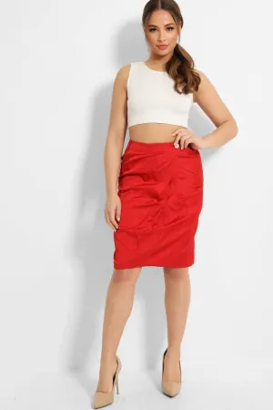 Red Creased Fabric Pencil Skirt