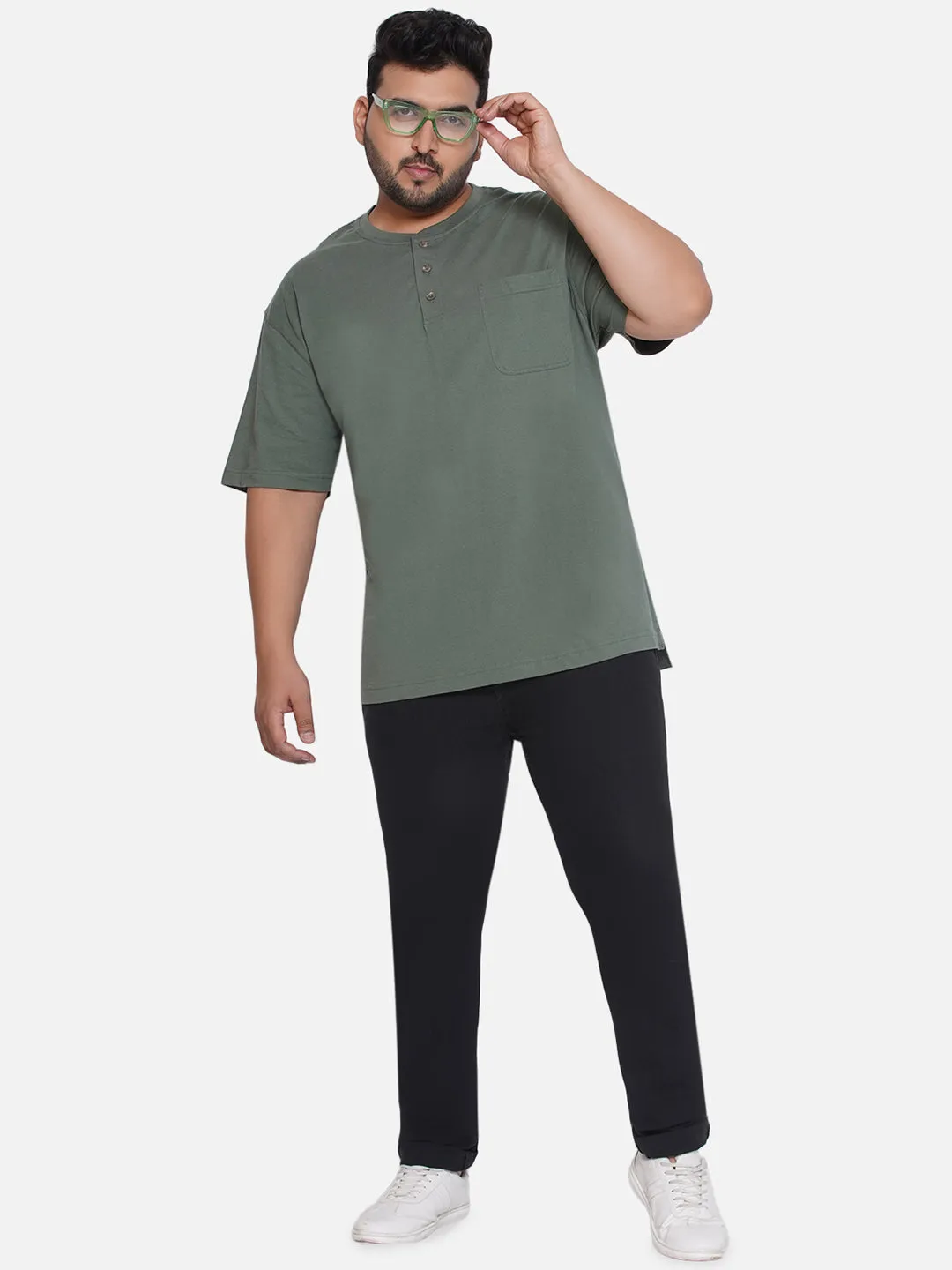 Red Head - Plus Size Men's Regular Fit Pure Cotton Green Solid Henley Neck Half Sleeve T-Shirt