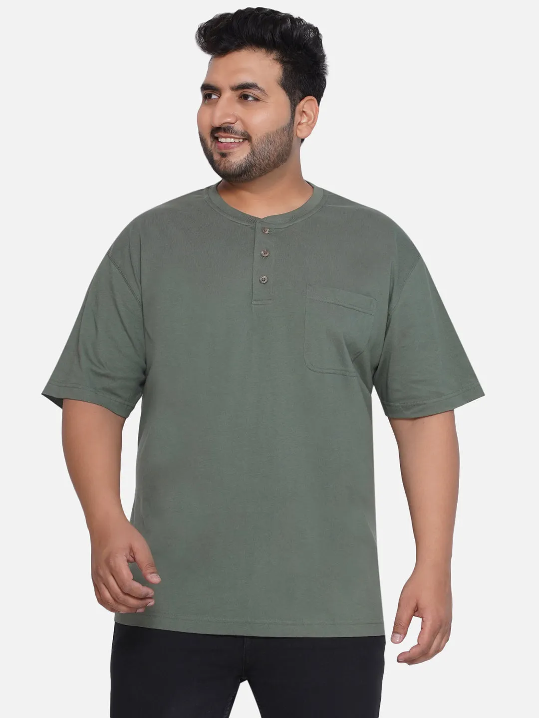 Red Head - Plus Size Men's Regular Fit Pure Cotton Green Solid Henley Neck Half Sleeve T-Shirt