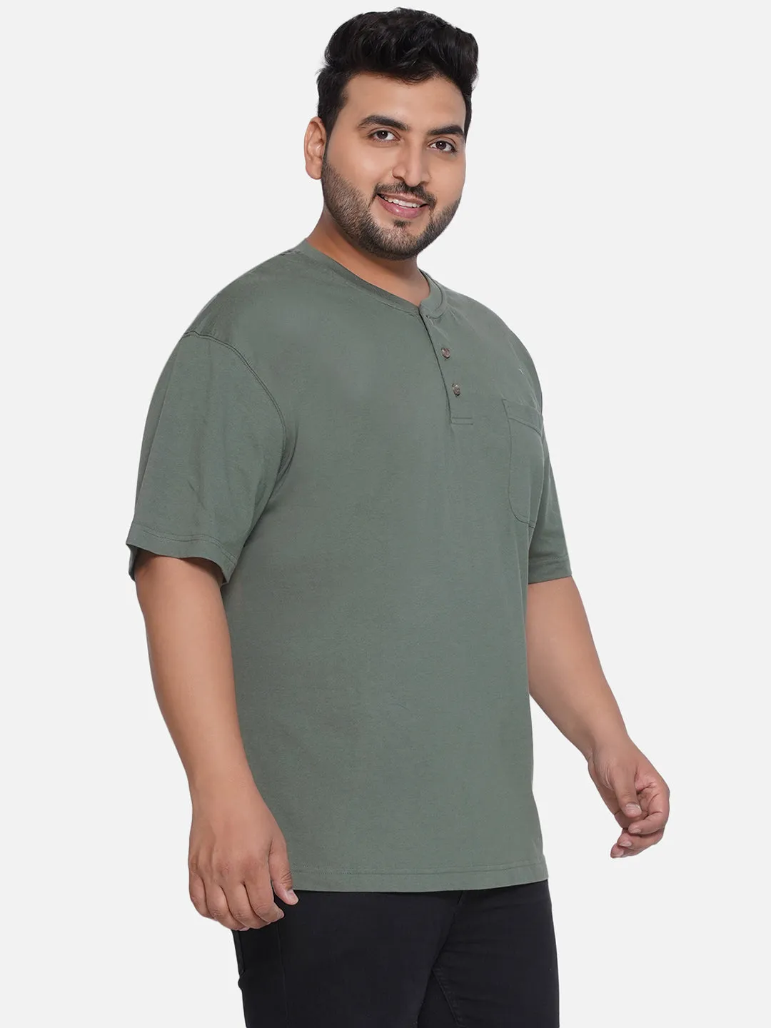 Red Head - Plus Size Men's Regular Fit Pure Cotton Green Solid Henley Neck Half Sleeve T-Shirt