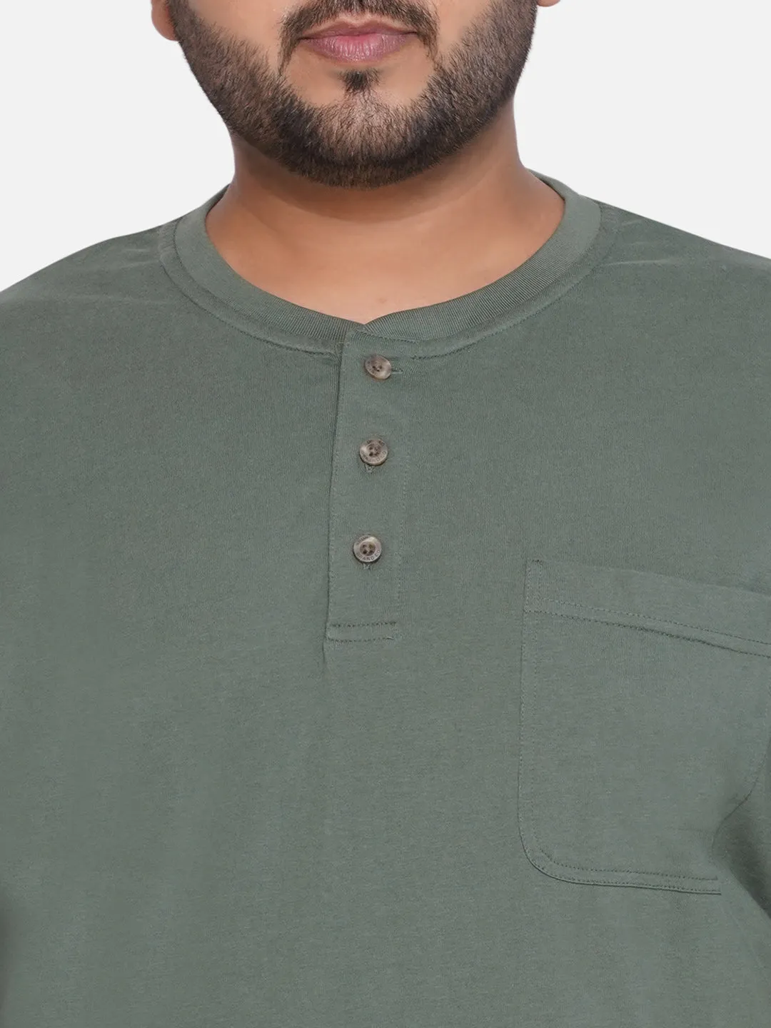 Red Head - Plus Size Men's Regular Fit Pure Cotton Green Solid Henley Neck Half Sleeve T-Shirt