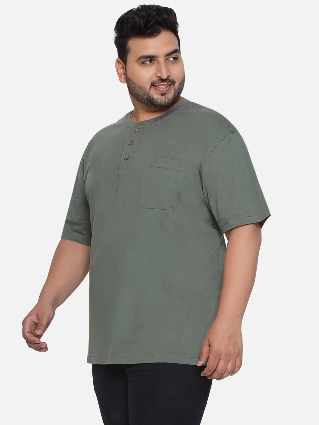 Red Head - Plus Size Men's Regular Fit Pure Cotton Green Solid Henley Neck Half Sleeve T-Shirt