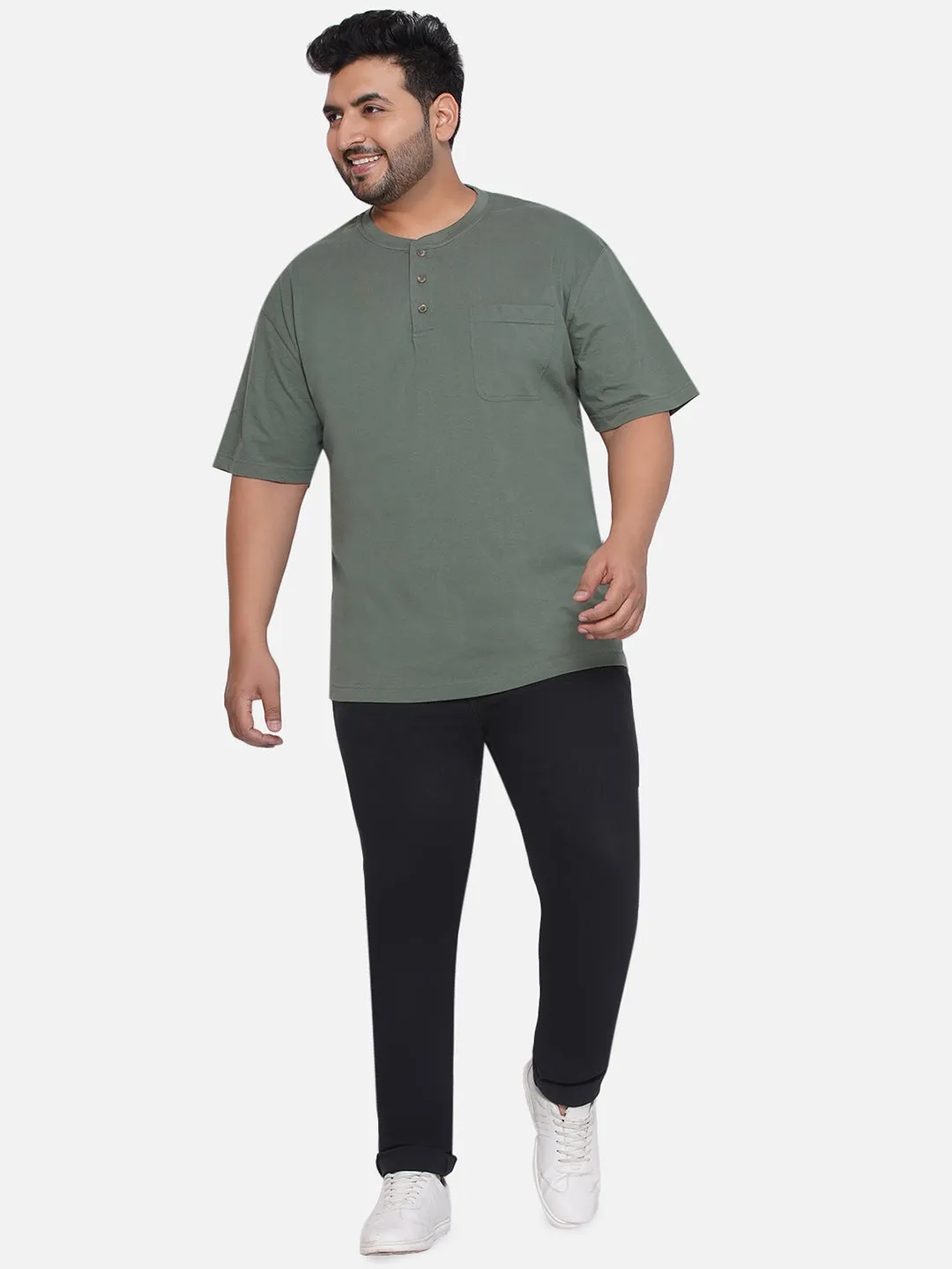 Red Head - Plus Size Men's Regular Fit Pure Cotton Green Solid Henley Neck Half Sleeve T-Shirt