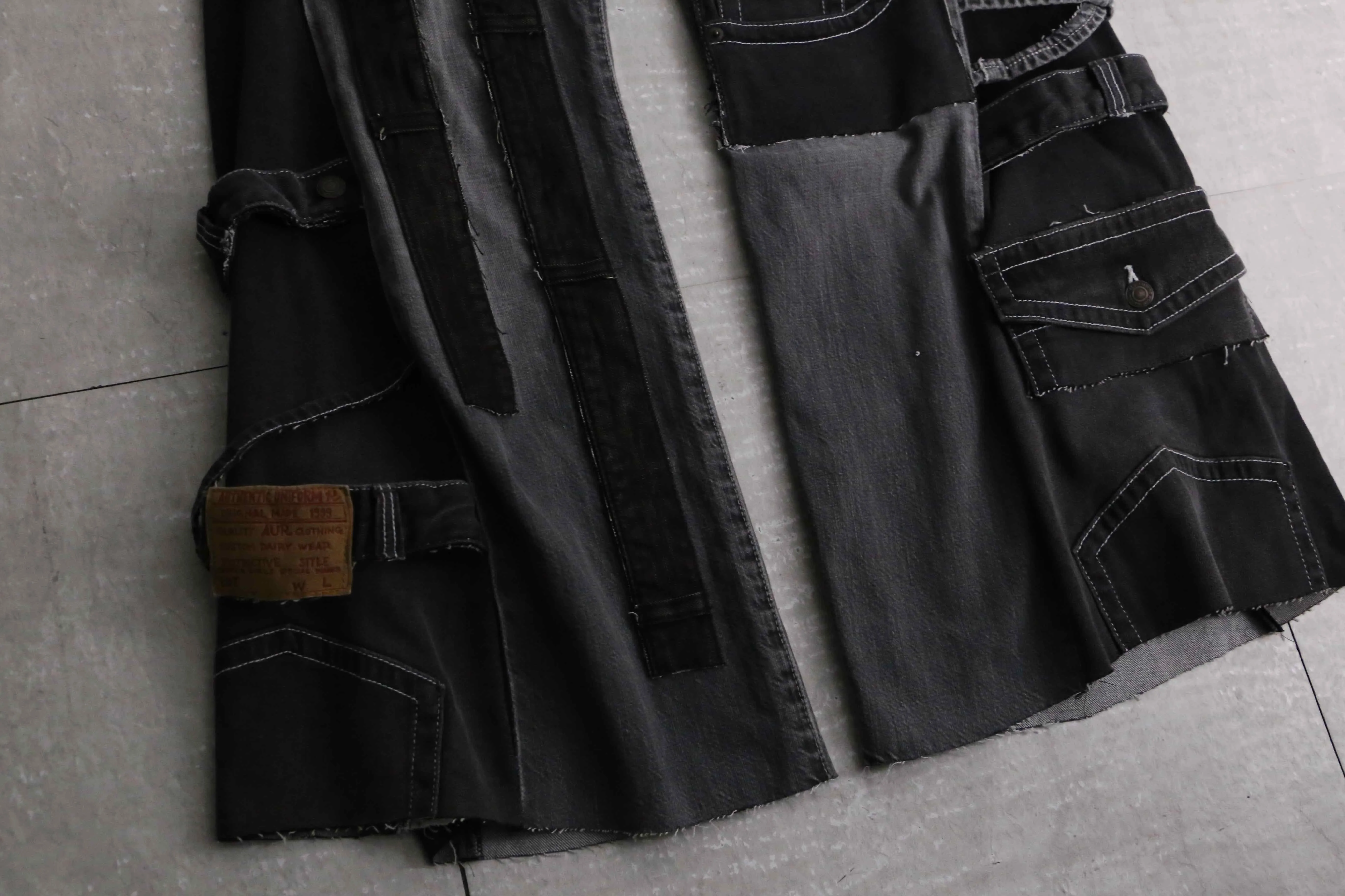 remake "再構築" stitch & patch flare black denim pants