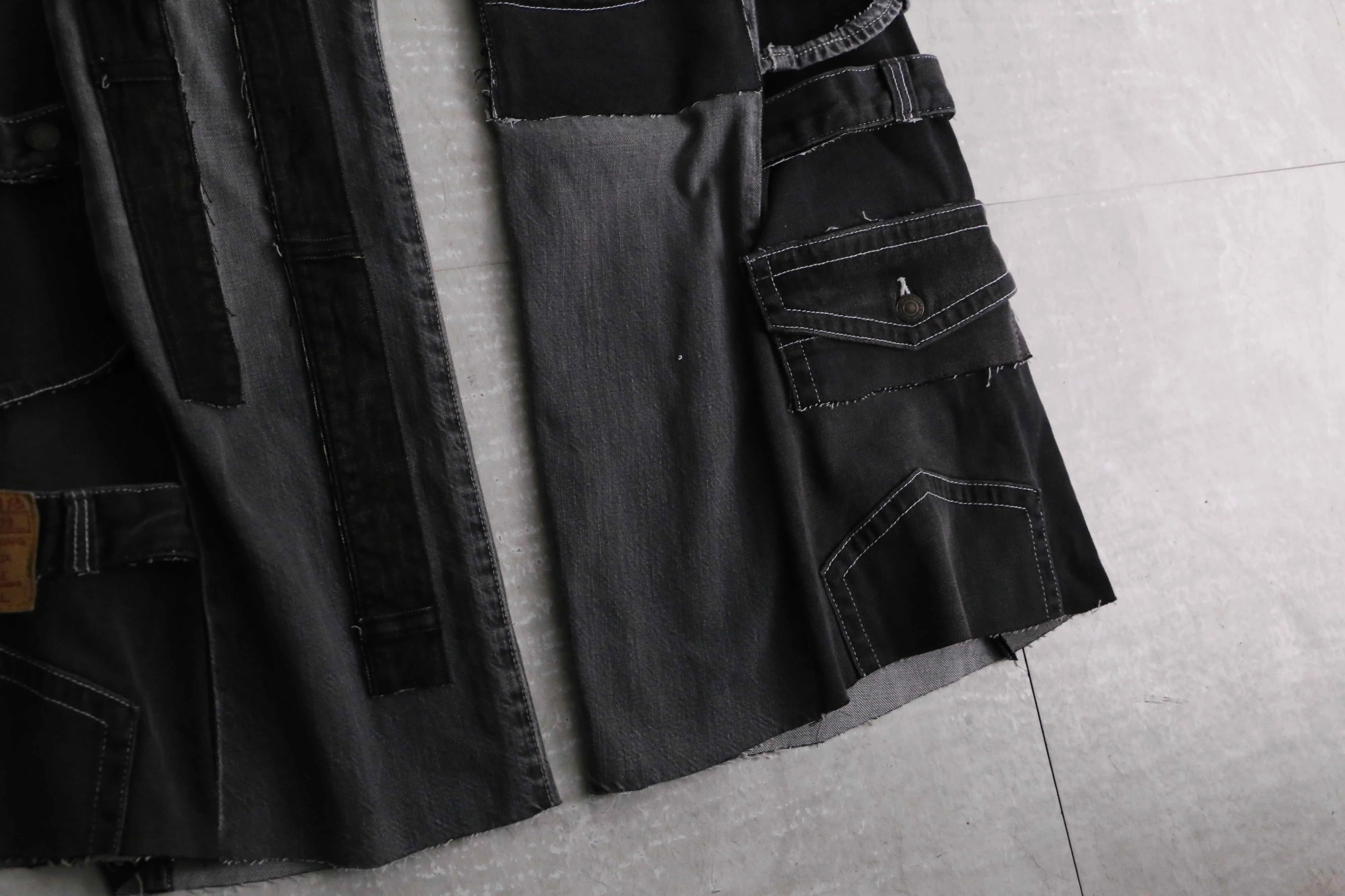 remake "再構築" stitch & patch flare black denim pants