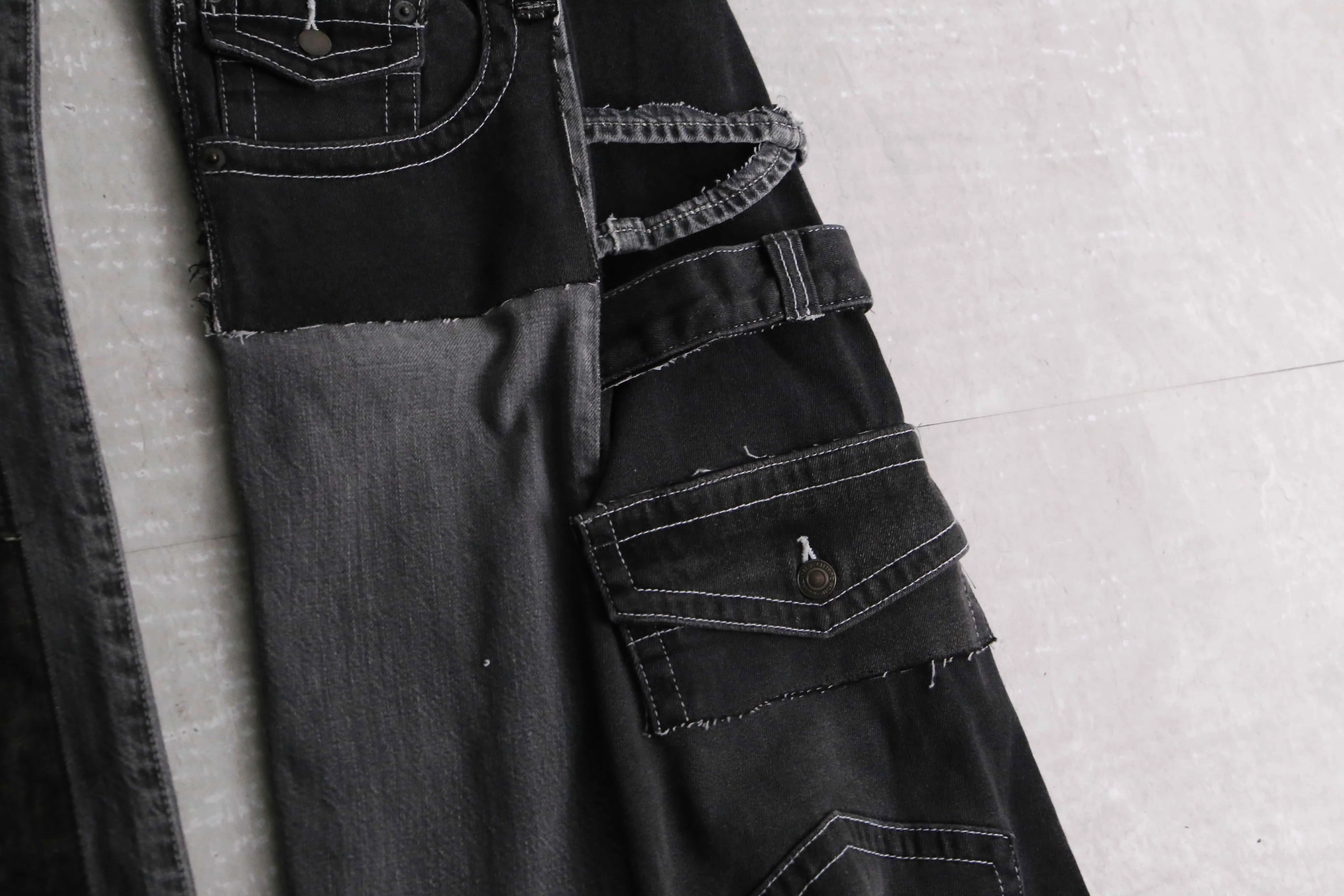 remake "再構築" stitch & patch flare black denim pants