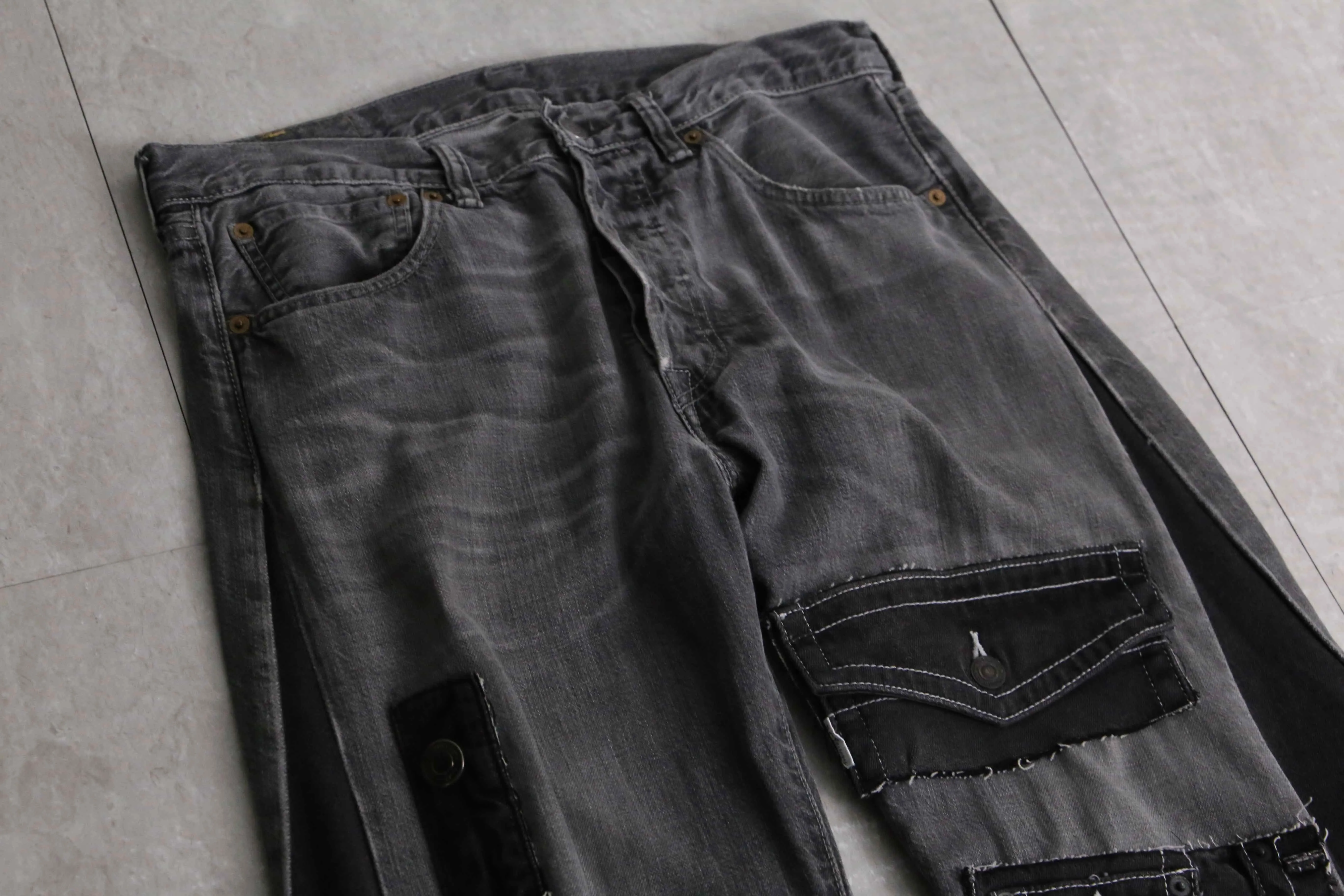 remake "再構築" stitch & patch flare black denim pants