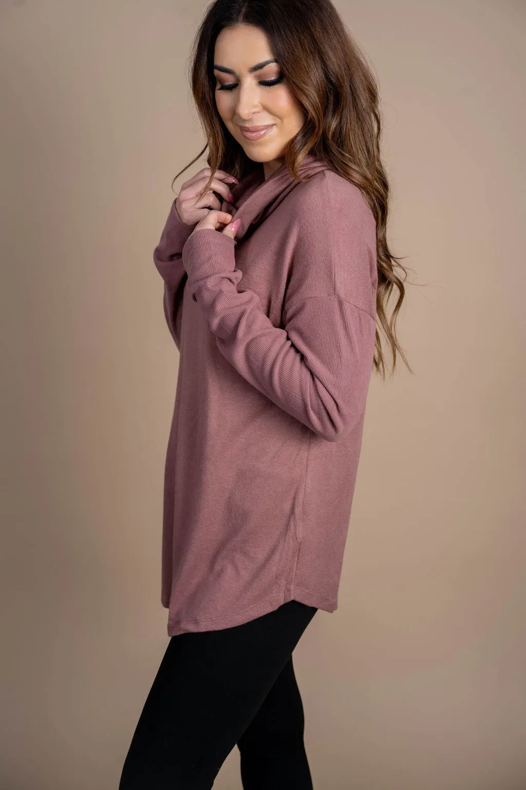 Rib Accented Cowl Neck Tunic Tee