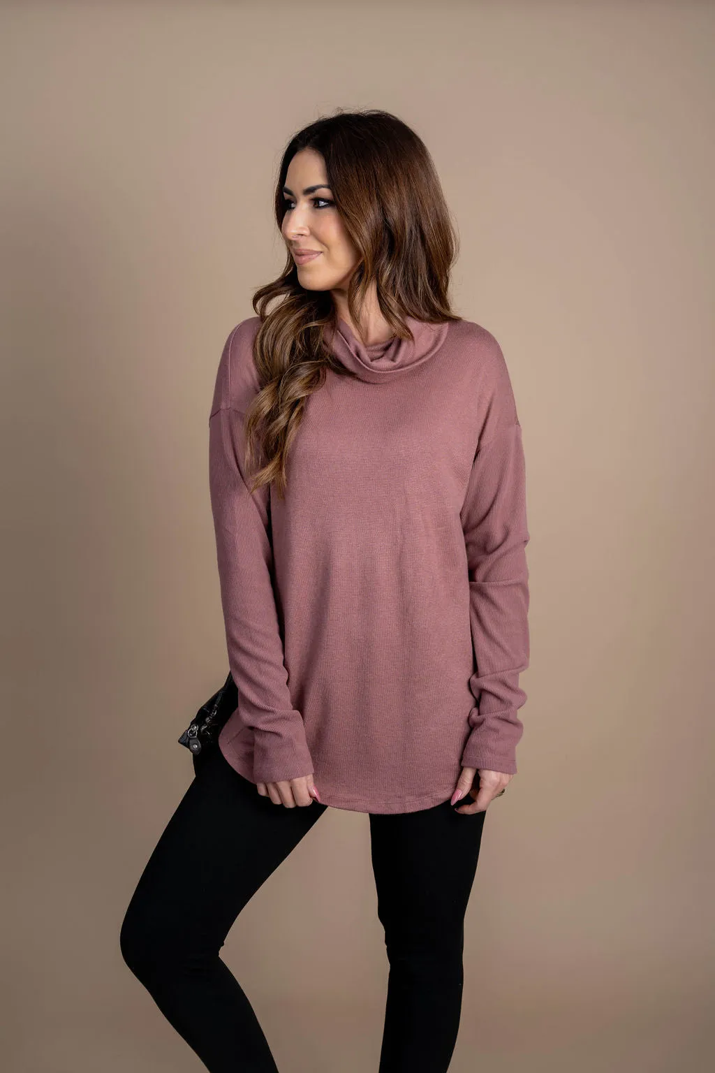 Rib Accented Cowl Neck Tunic Tee