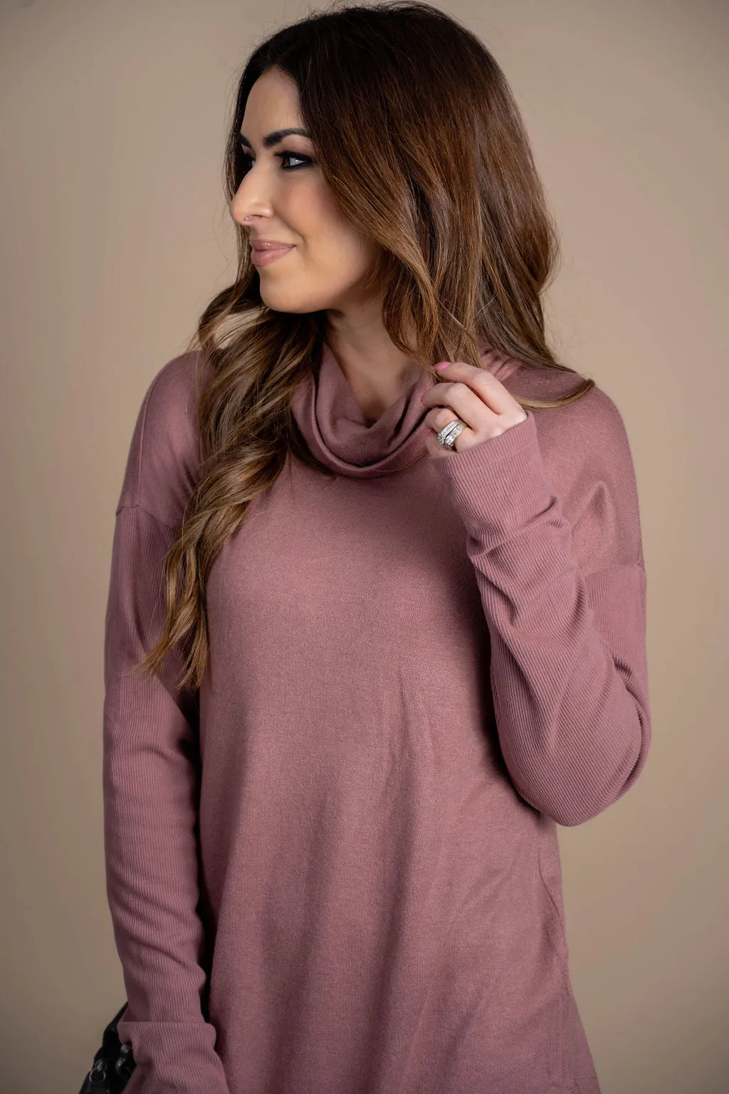 Rib Accented Cowl Neck Tunic Tee