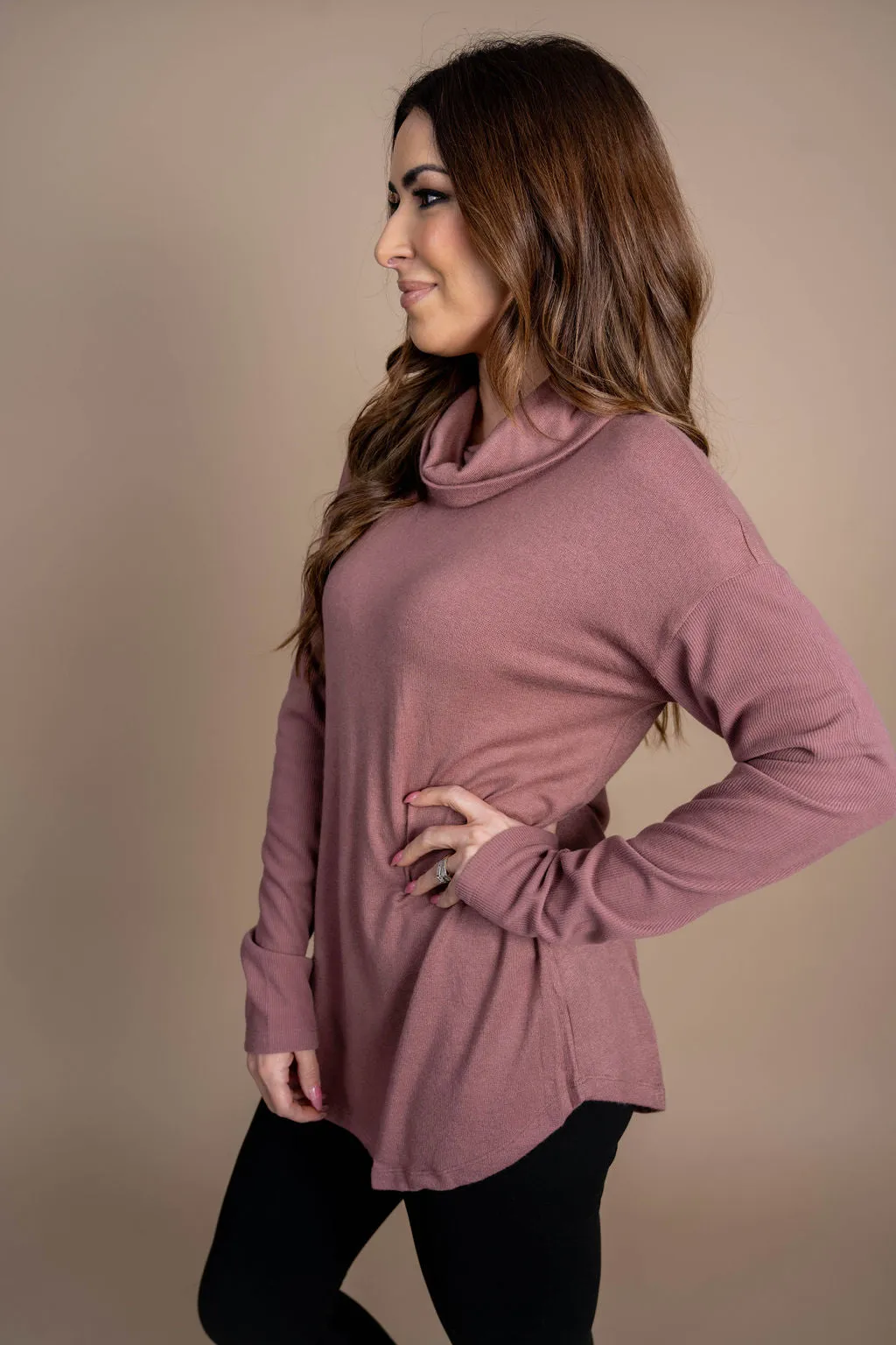 Rib Accented Cowl Neck Tunic Tee