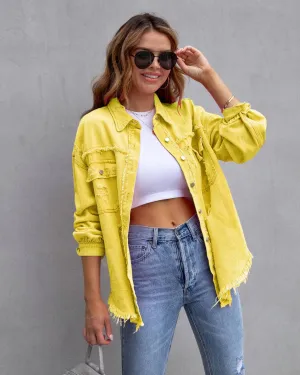 Ripped Fringe Jean Jacket - Yellow