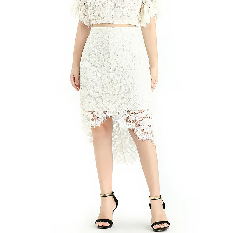 S075 Women floral lace asymmetric scallop hem midi party skirt