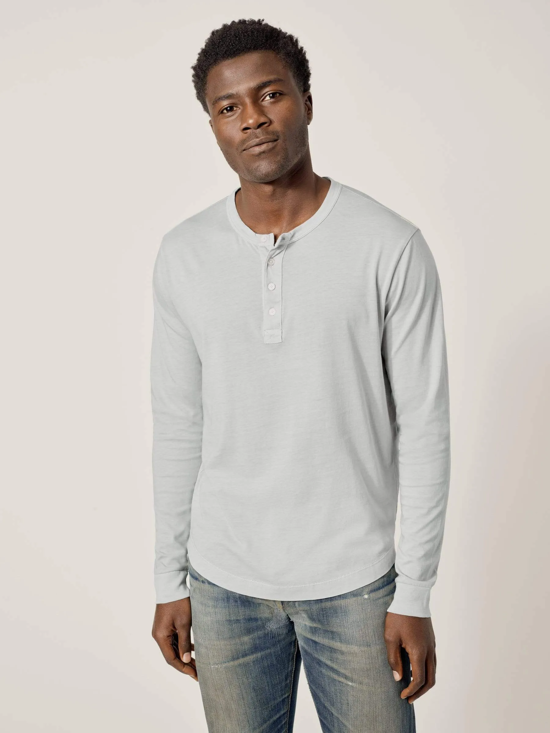 Salt Gray Venice Wash Pima Curved Hem Henley