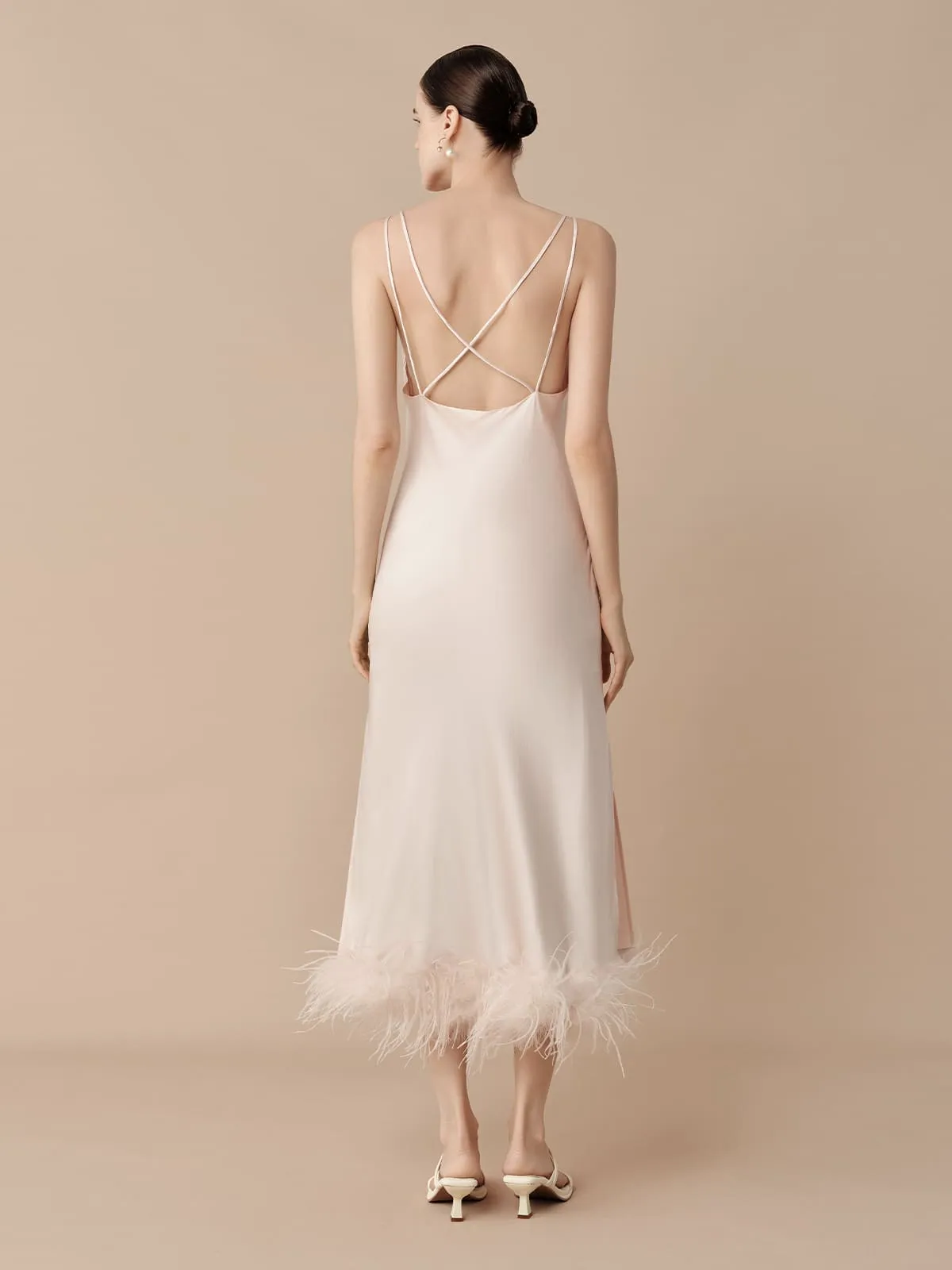 SILKINC Long Silk Slip Dress with Feather Trim