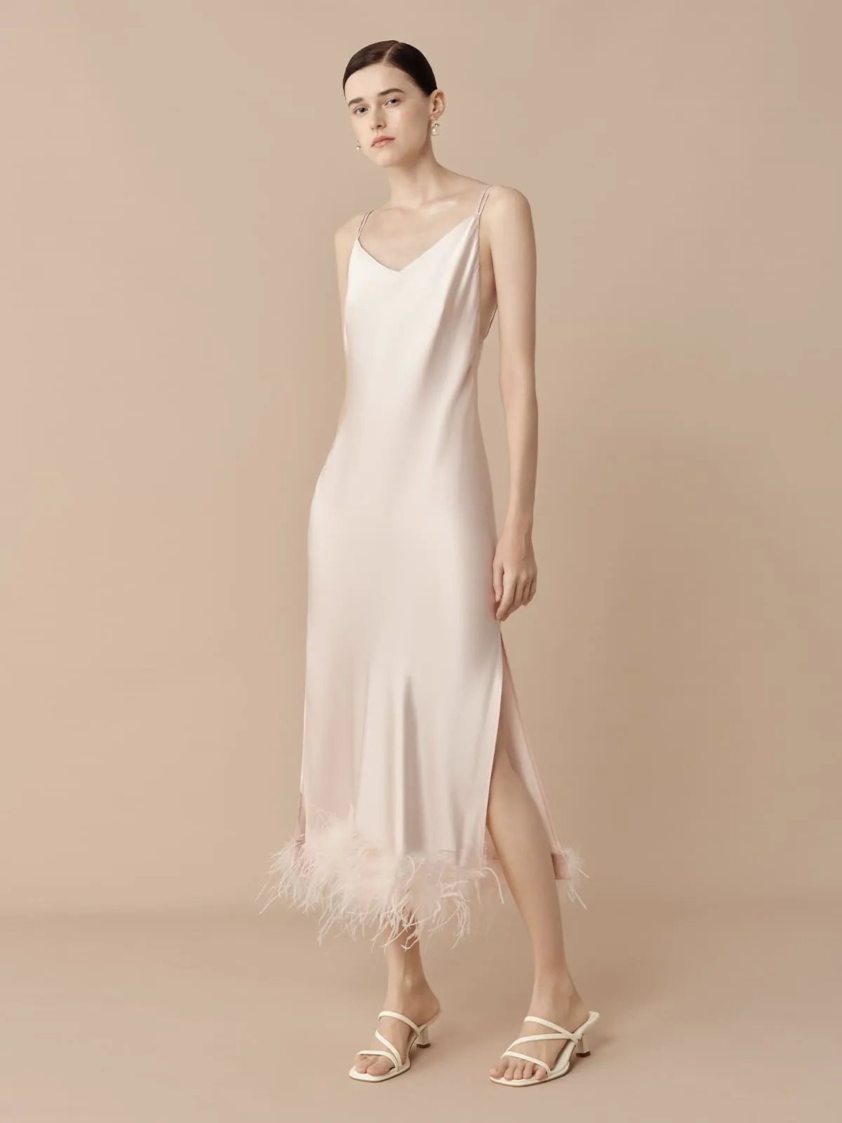 SILKINC Long Silk Slip Dress with Feather Trim