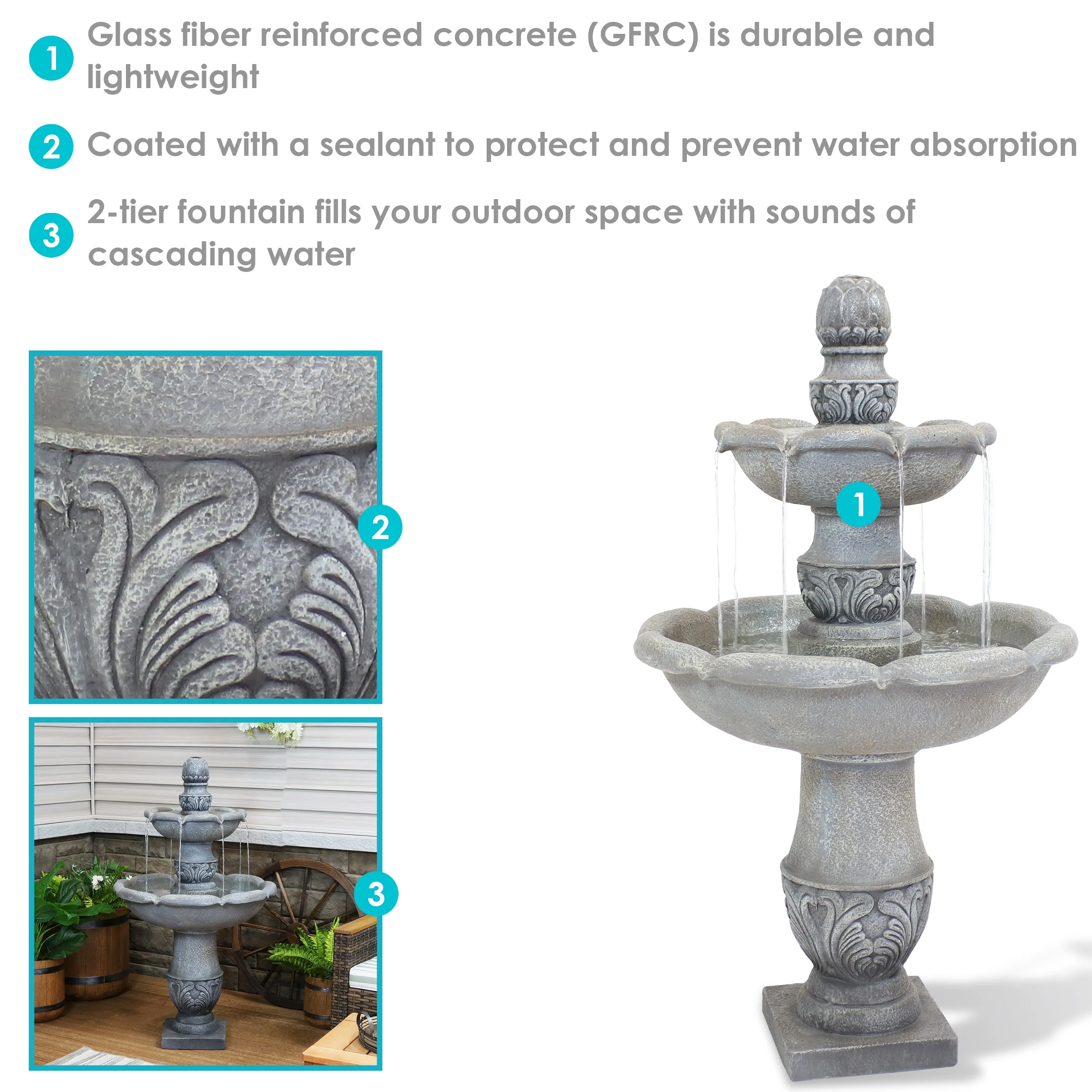 Sunnydaze 2-Tier Outdoor Water Fountain - French Garden Design - 50"