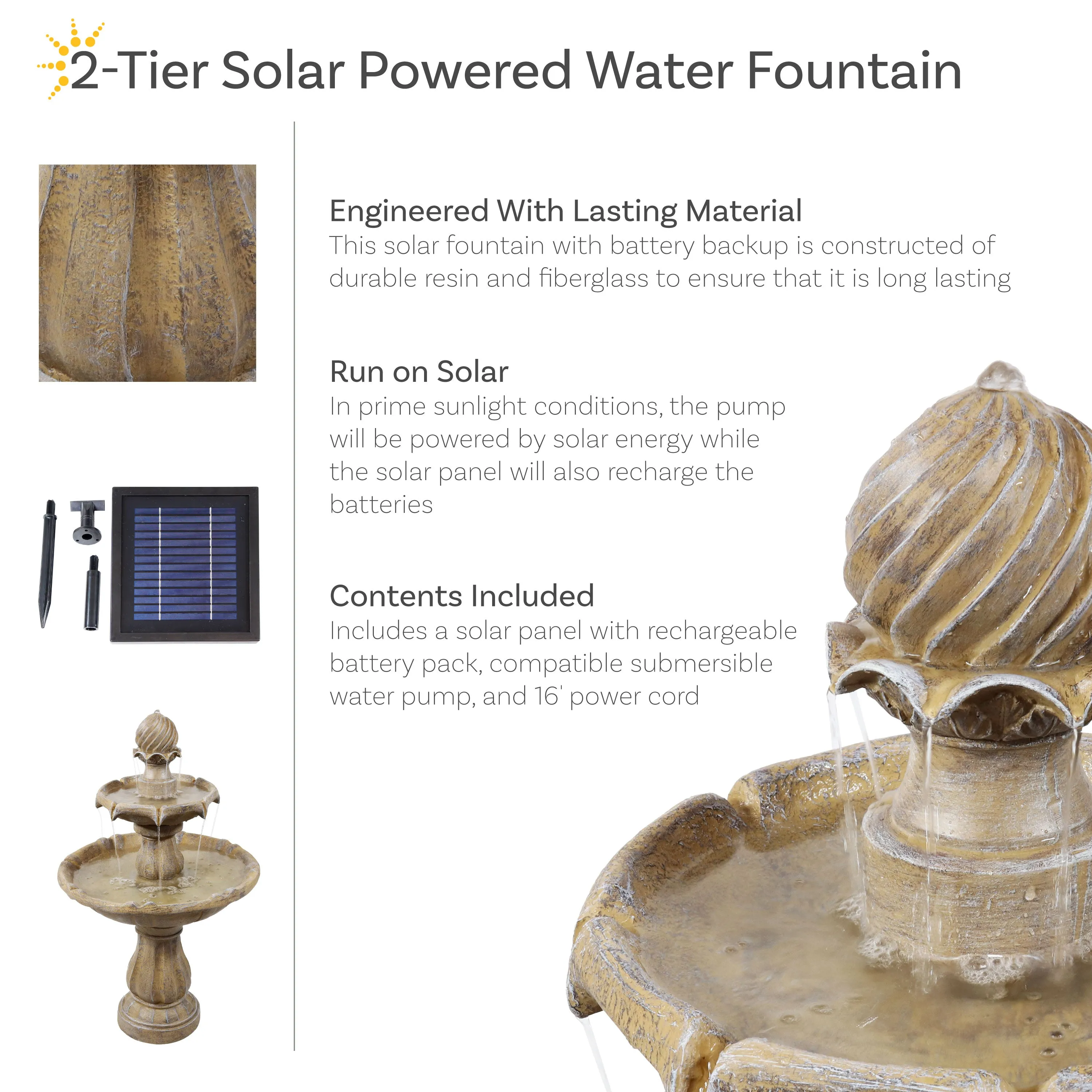 Sunnydaze 2-Tier Solar Outdoor Water Fountain with Battery Backup