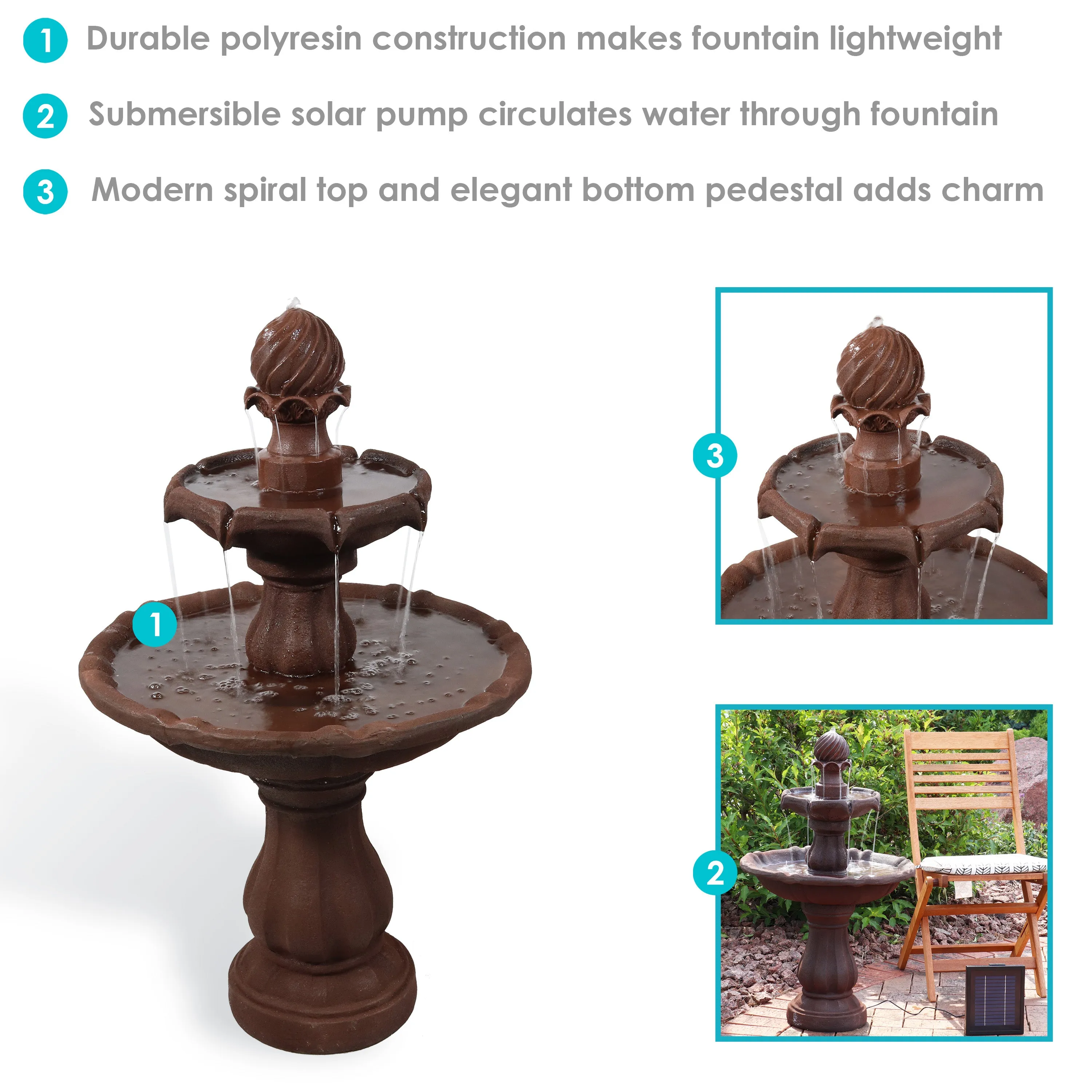 Sunnydaze 2-Tier Solar Outdoor Water Fountain with Battery Backup