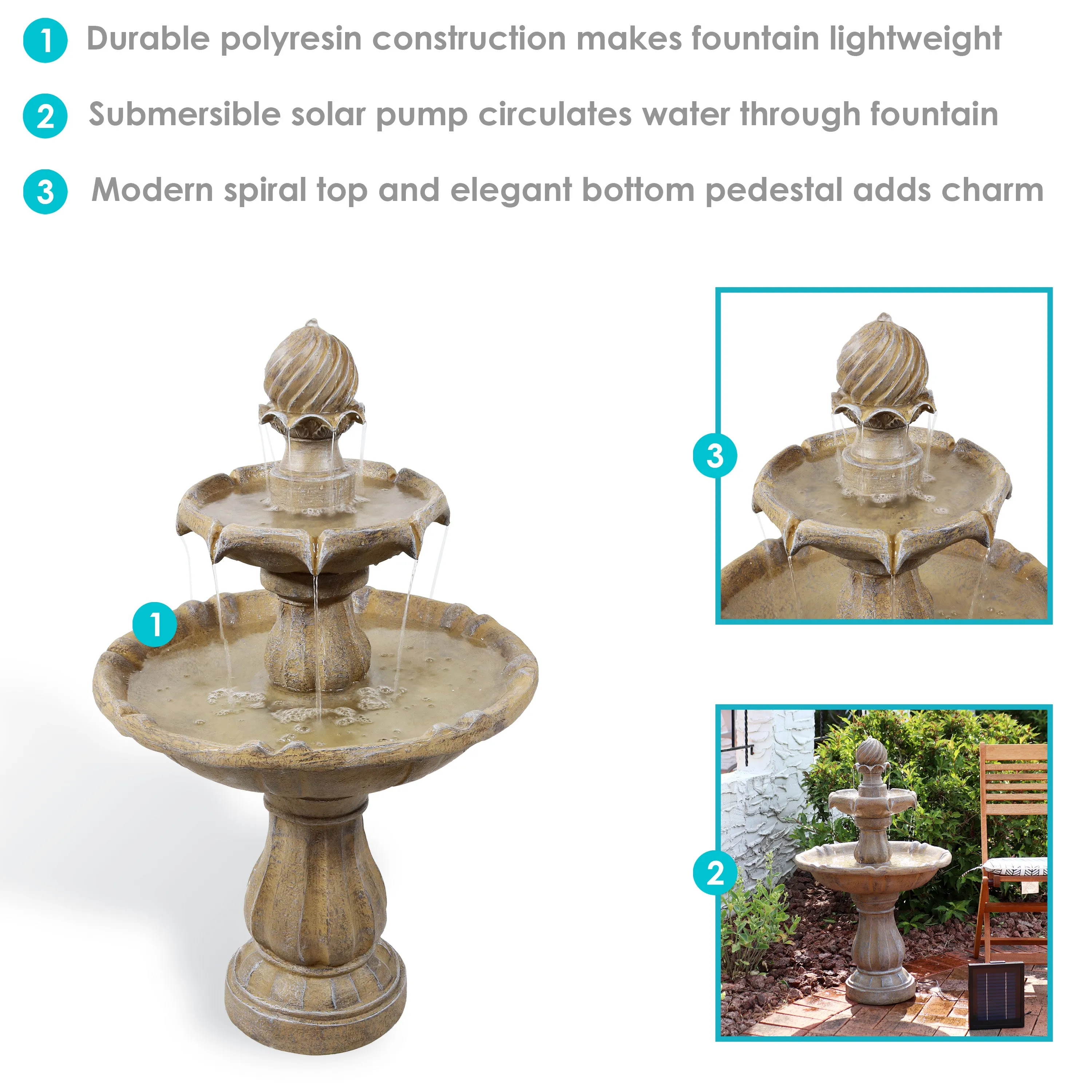 Sunnydaze 2-Tier Solar Outdoor Water Fountain with Battery Backup