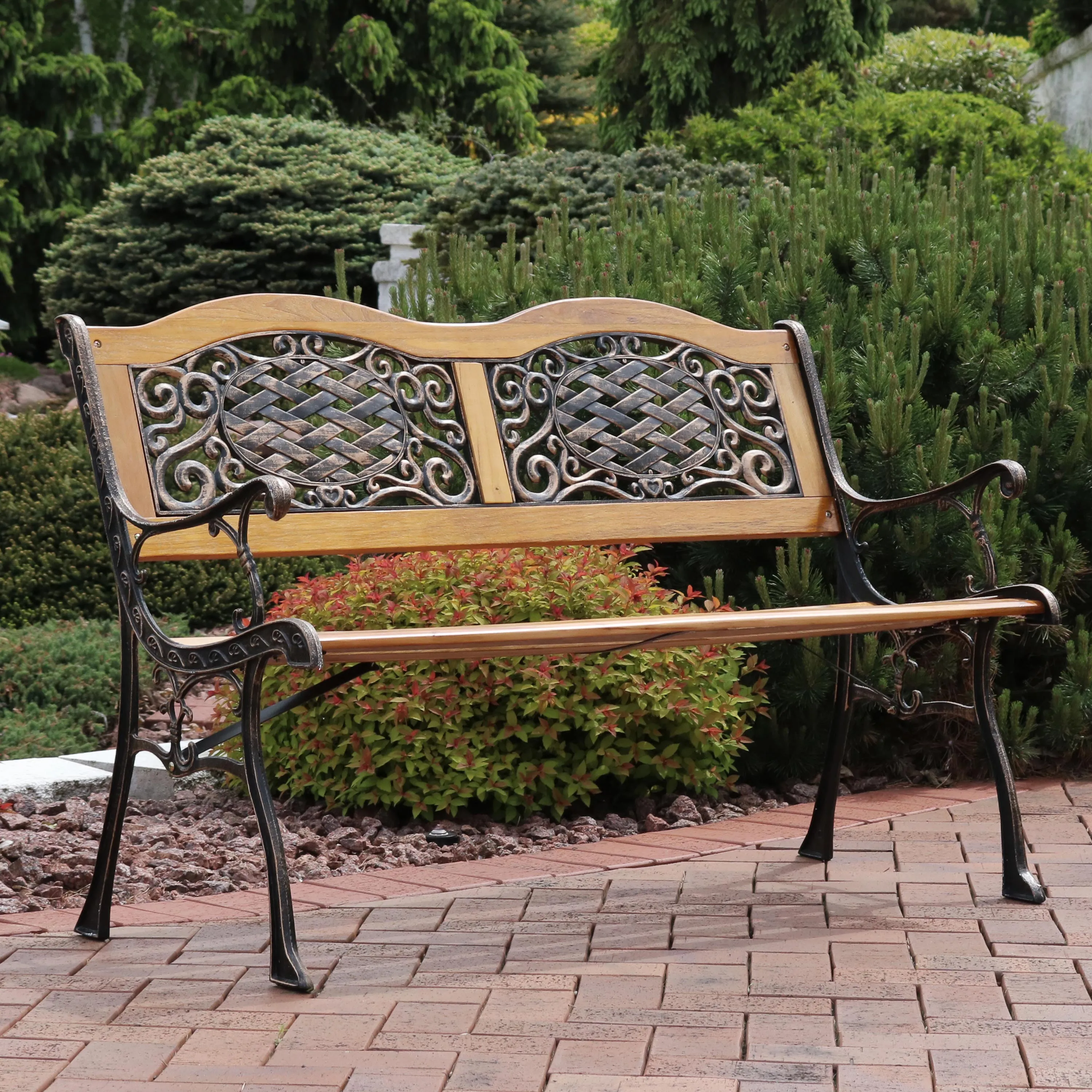 Sunnydaze Ivy Crossweave 2-Person Cast Iron Outdoor Bench - 49"