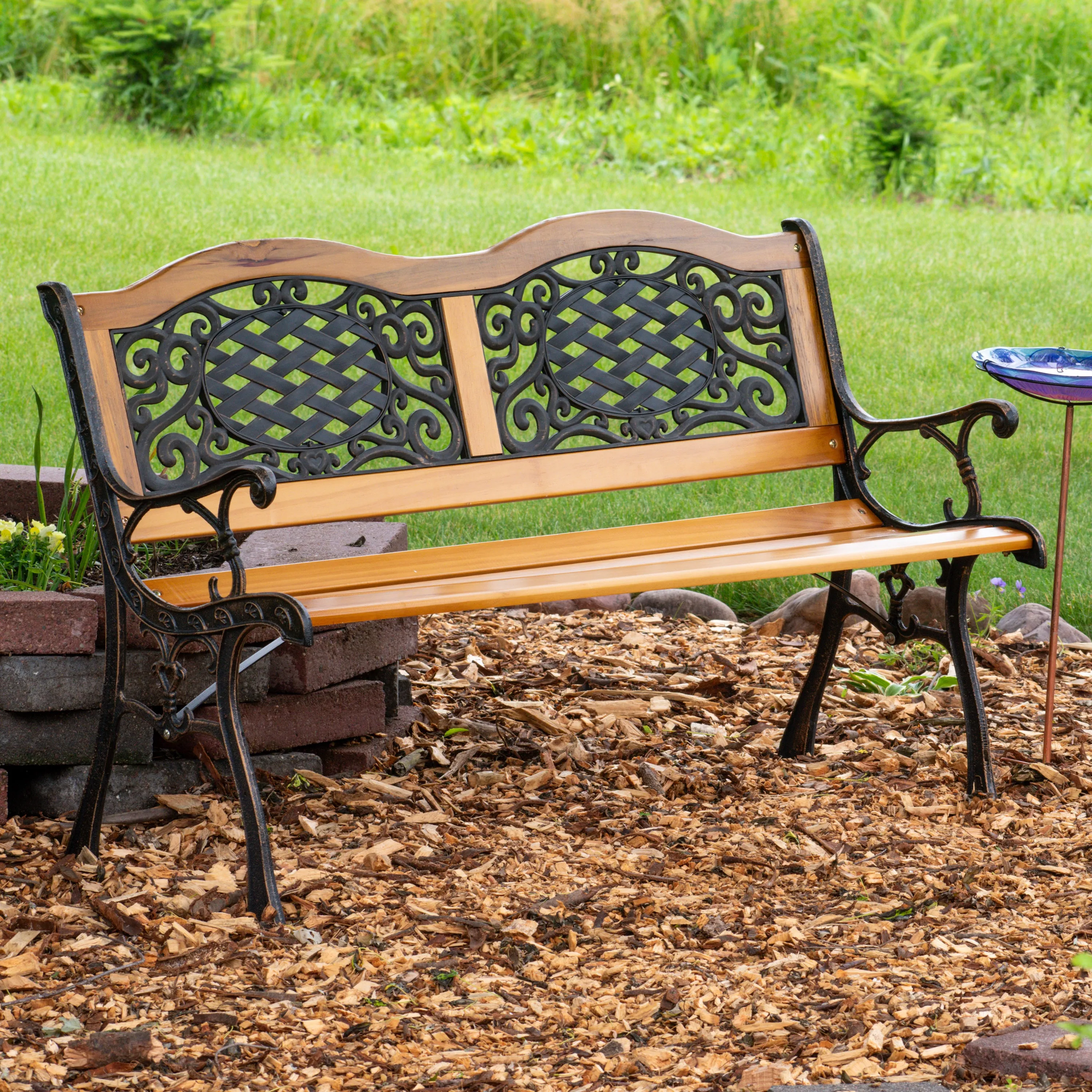 Sunnydaze Ivy Crossweave 2-Person Cast Iron Outdoor Bench - 49"