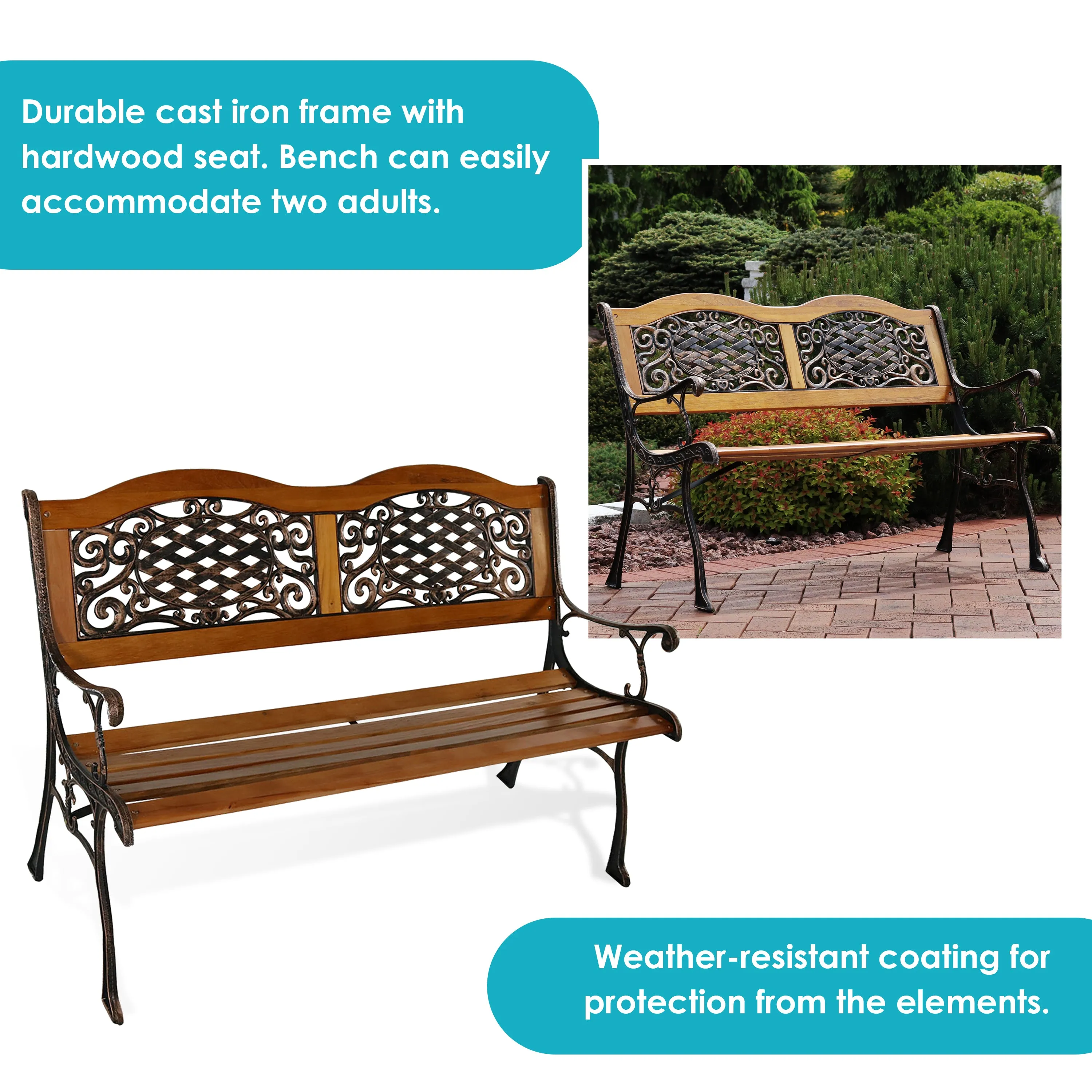 Sunnydaze Ivy Crossweave 2-Person Cast Iron Outdoor Bench - 49"