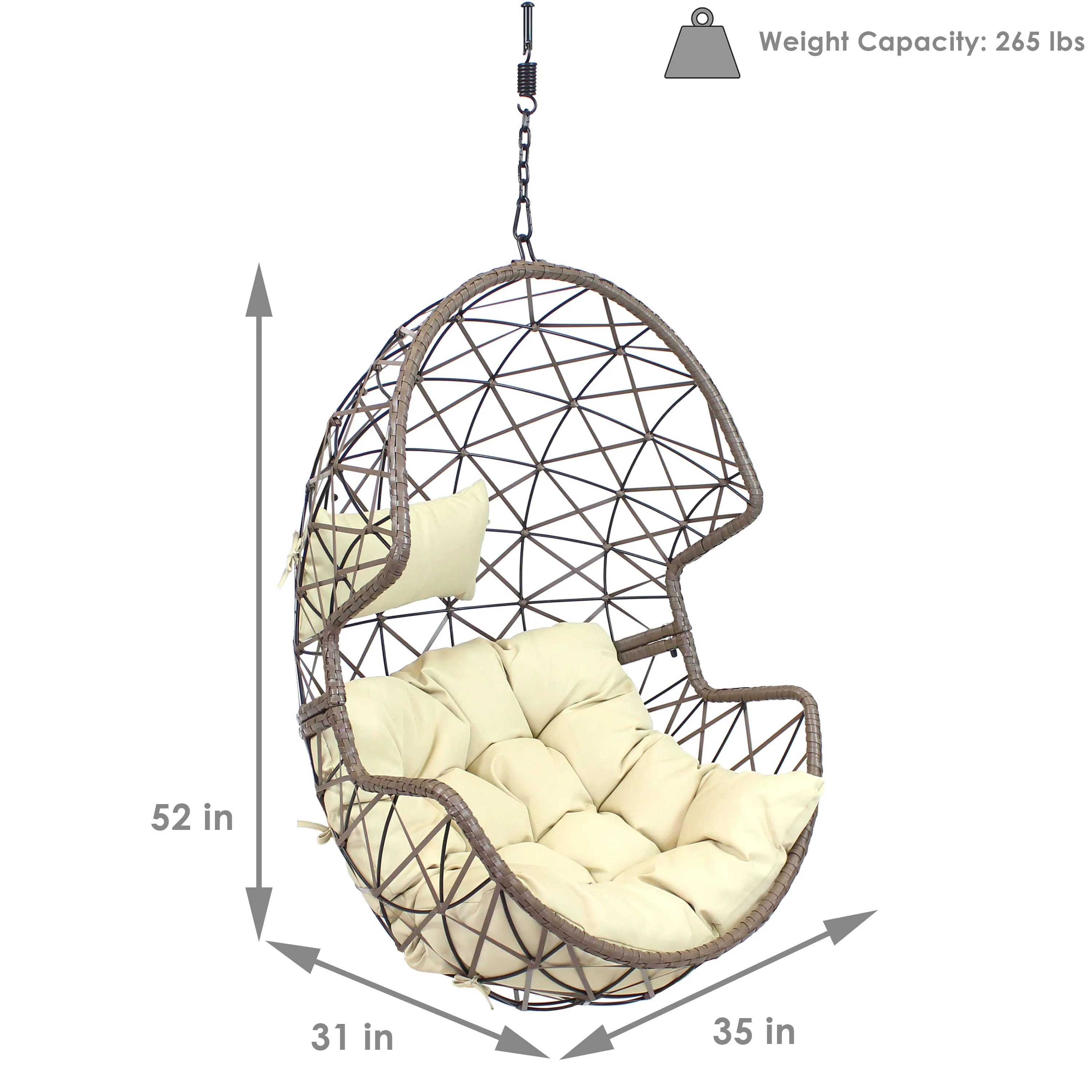 Sunnydaze Lorelei Resin Wicker Hanging Egg Chair with Cushion