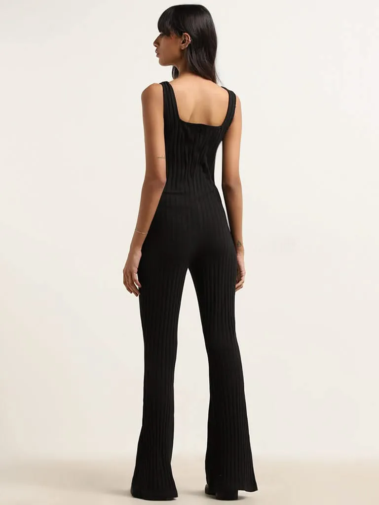 Superstar Black Textured Cotton Blend Jumpsuit