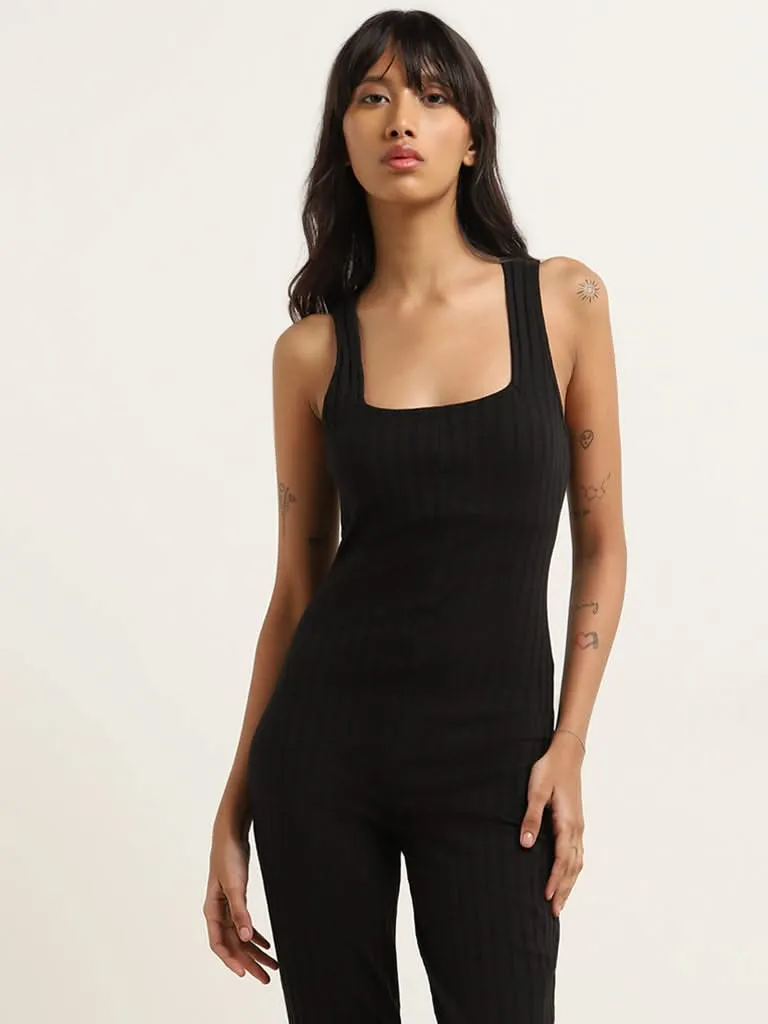 Superstar Black Textured Cotton Blend Jumpsuit