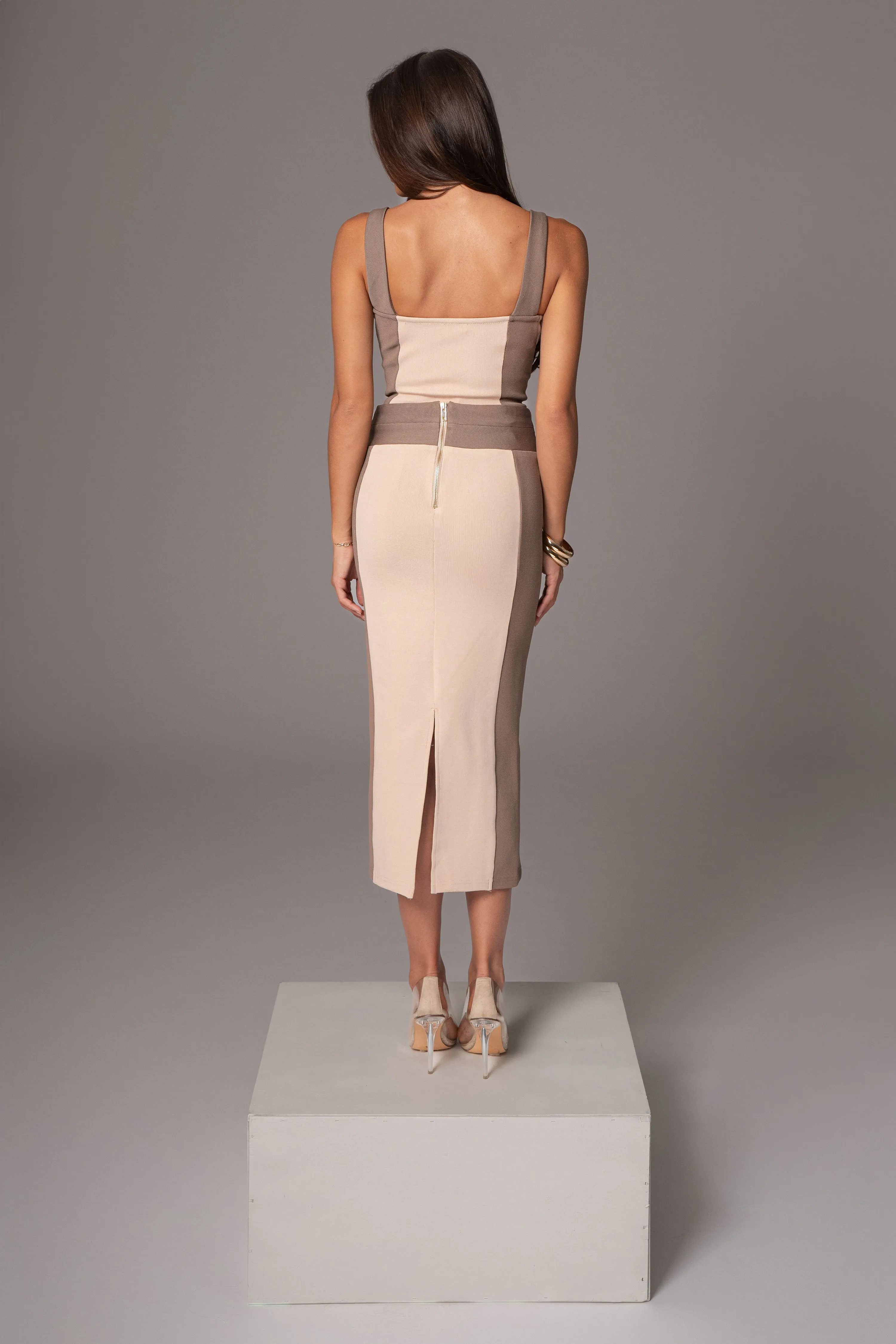 Taupe/Tan Celebration Colorblock Midi Skirt