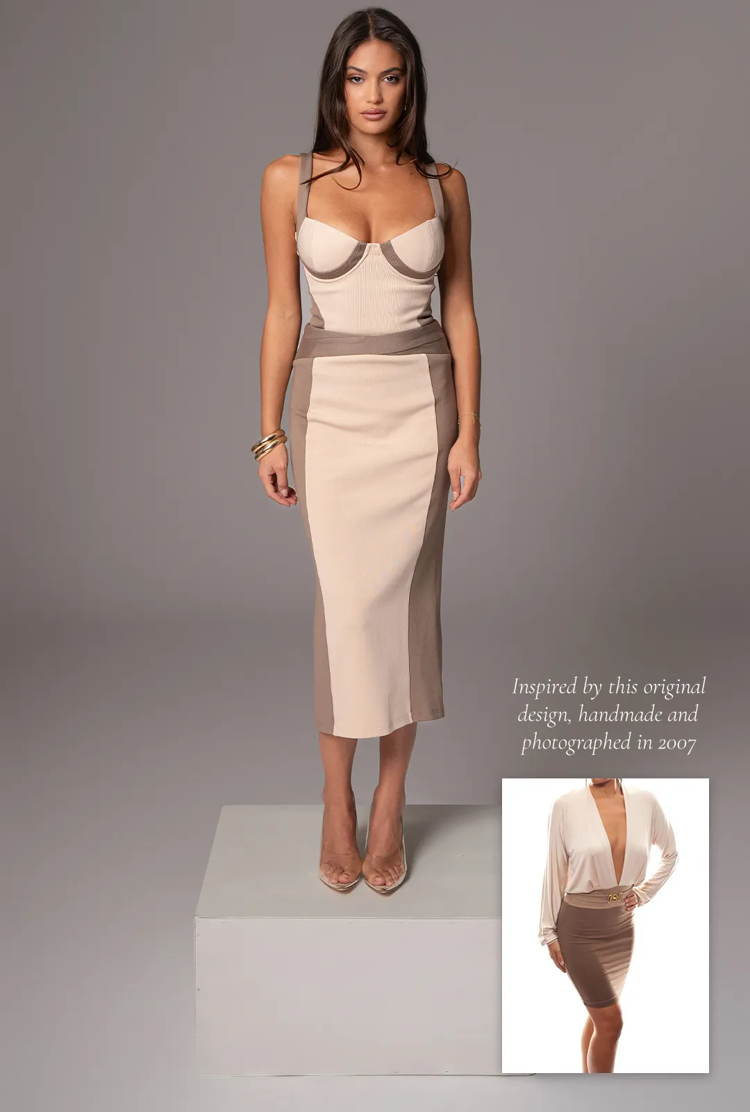 Taupe/Tan Celebration Colorblock Midi Skirt