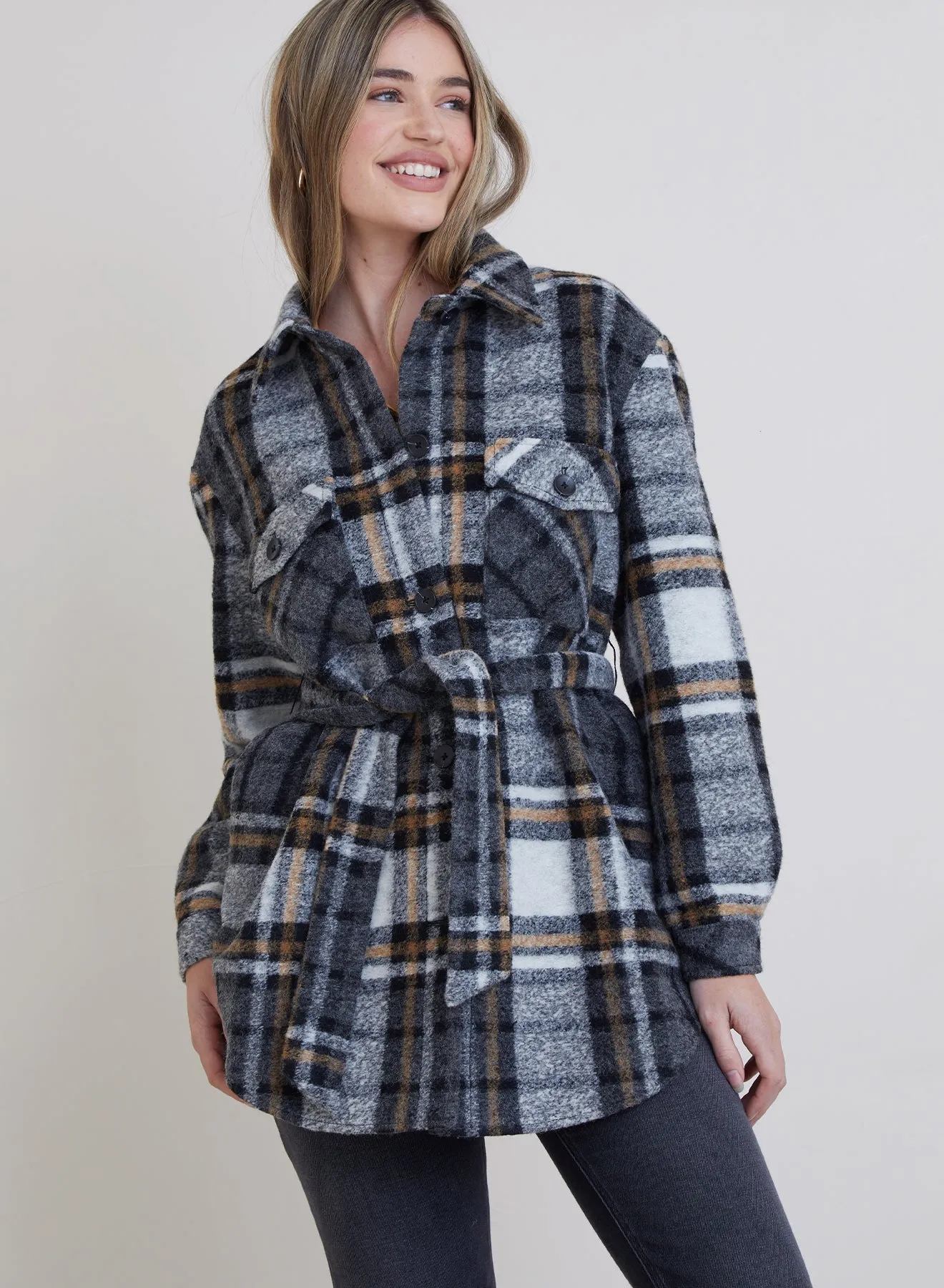 Topanga Belted Shacket - Golden Honey Plaid