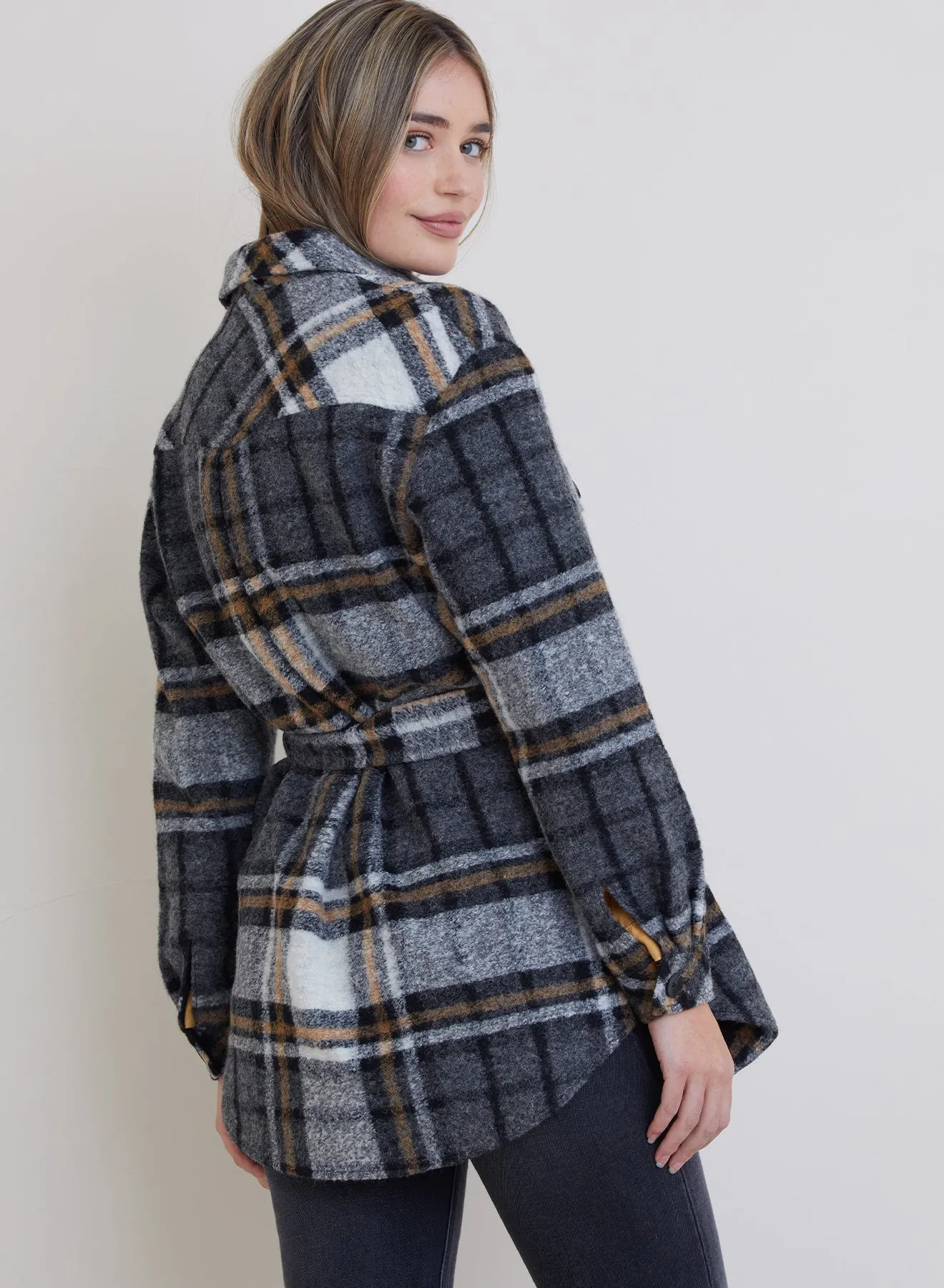 Topanga Belted Shacket - Golden Honey Plaid