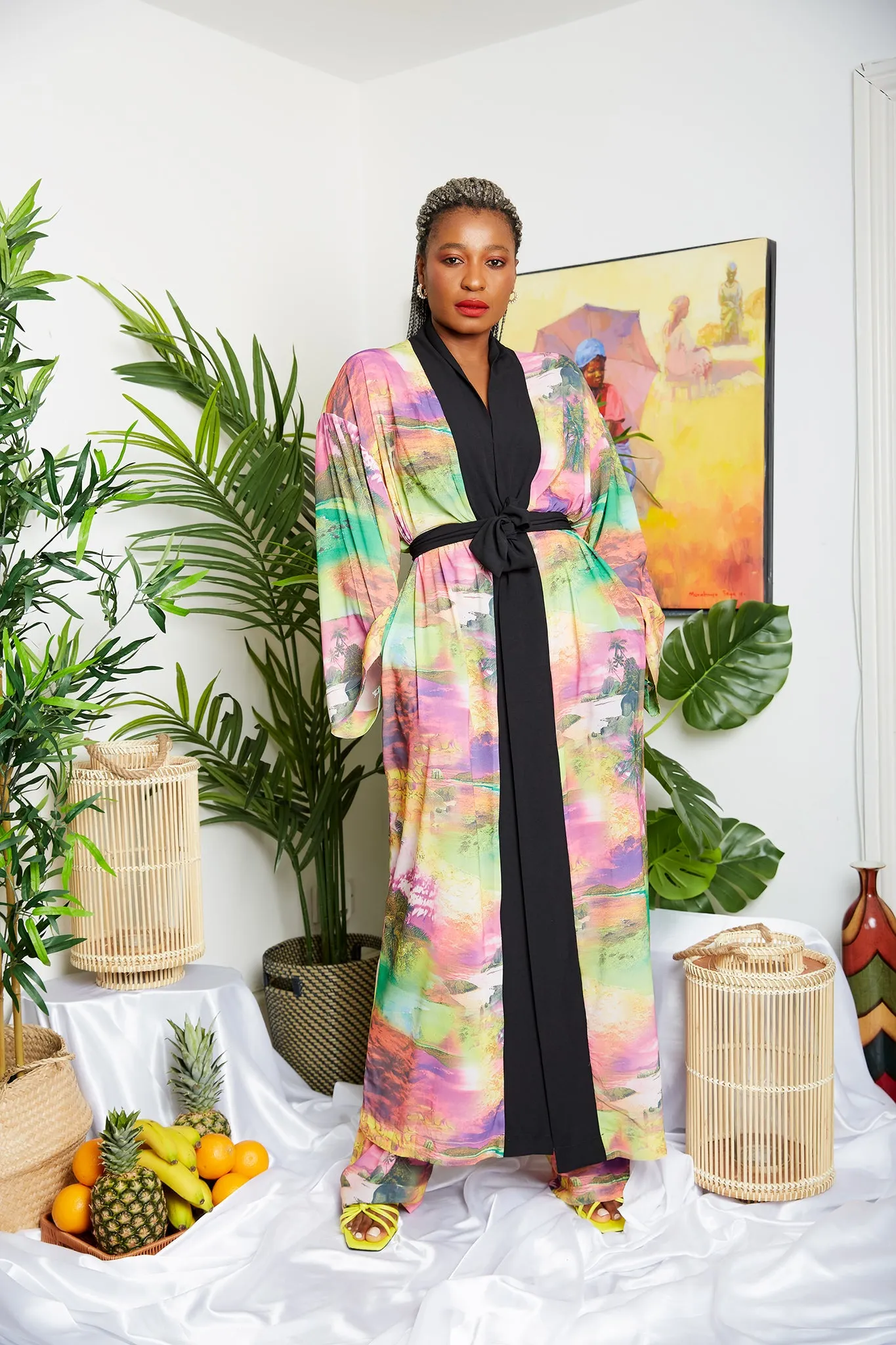 Tropical Mixed Pink Soft Crepe Print Kimono  (Trouser sold Separately)- Zamzam