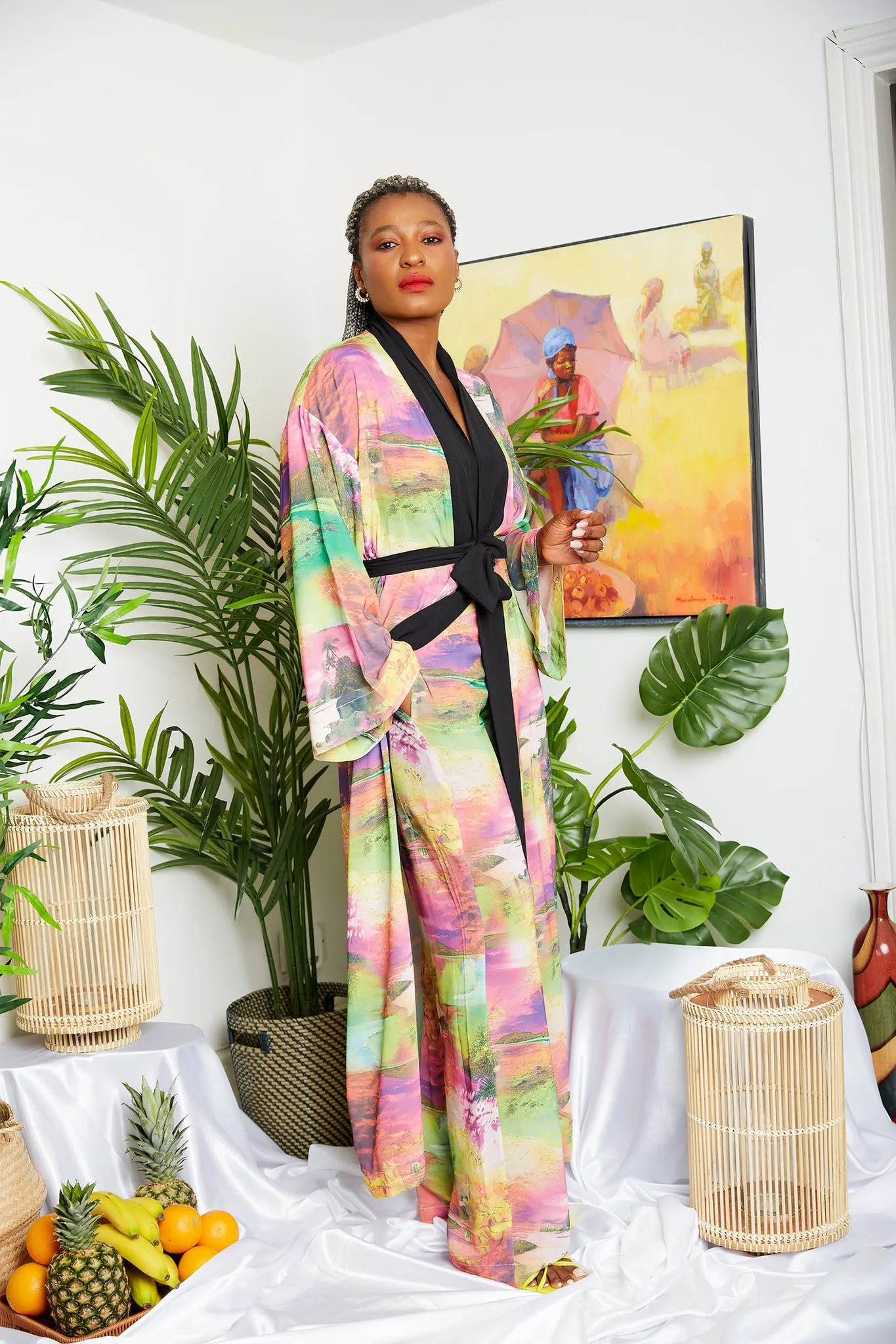 Tropical Mixed Pink Soft Crepe Print Kimono  (Trouser sold Separately)- Zamzam