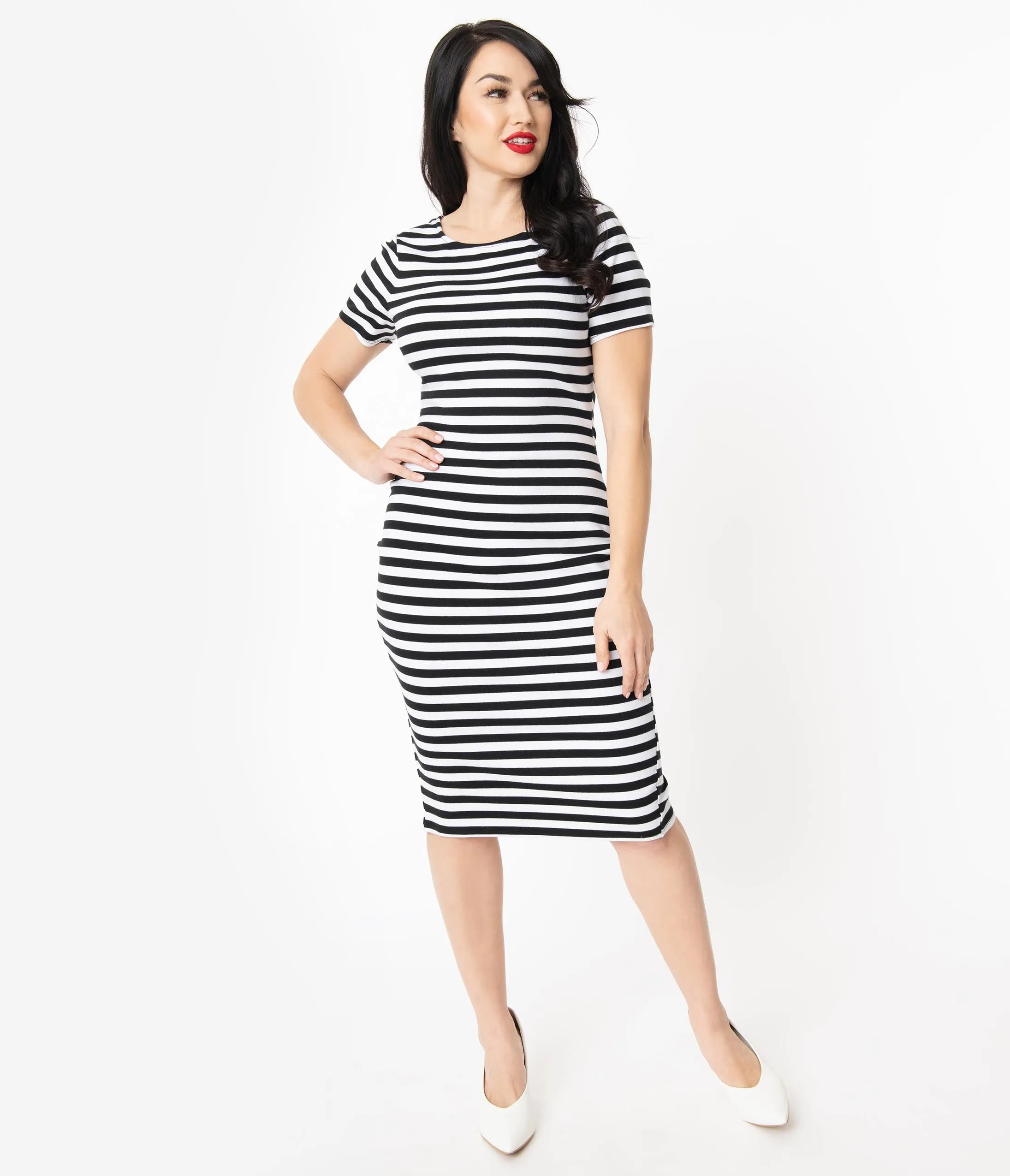 Unique Vintage 1960s Black & White Stripe Presley Wiggle Dress